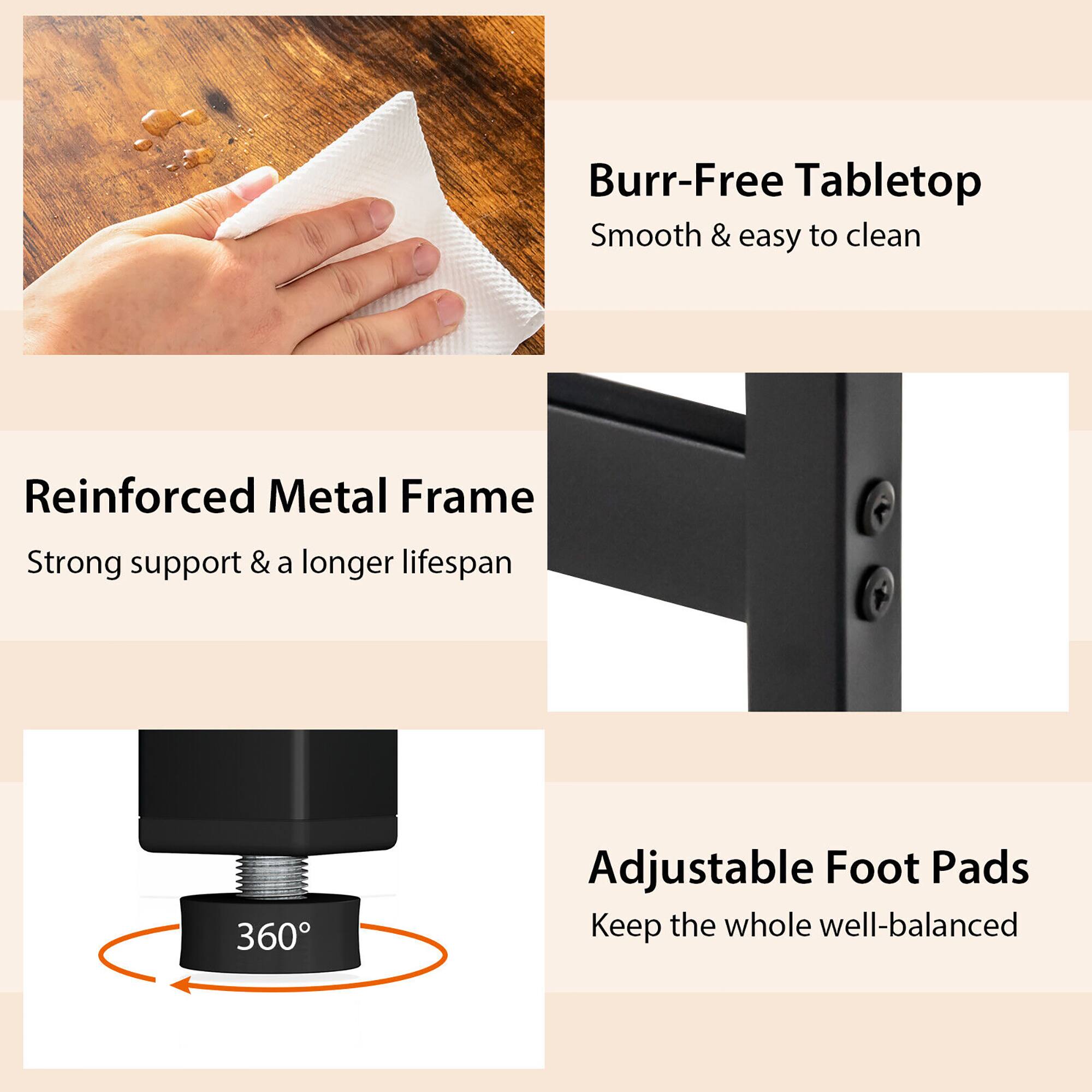 Burr-Free Tabletop, Smooth & easy to clean, Reinforced Metal Frame, Strong support & a longer lifespan, 360° Adjustable Foot Pads, Keep the whole well-balanced
