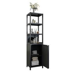 Kadyn - Storage Tall Slim Cabinet with Shutter Door and 3 Tier Shelves, Freestanding Linen Tower Cabinet, Natural Bamboo - Black