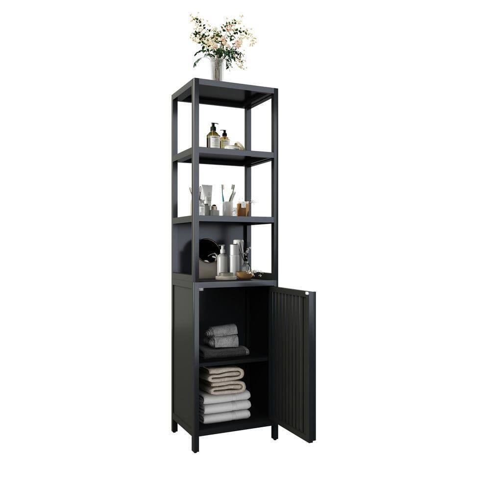 Front. Kadyn - BLACK  Storage Tall Slim Cabinet with Shutter Door and 3 Tier Shelves, Freestanding Linen Tower Cabinet, Natural Bamboo - Black.