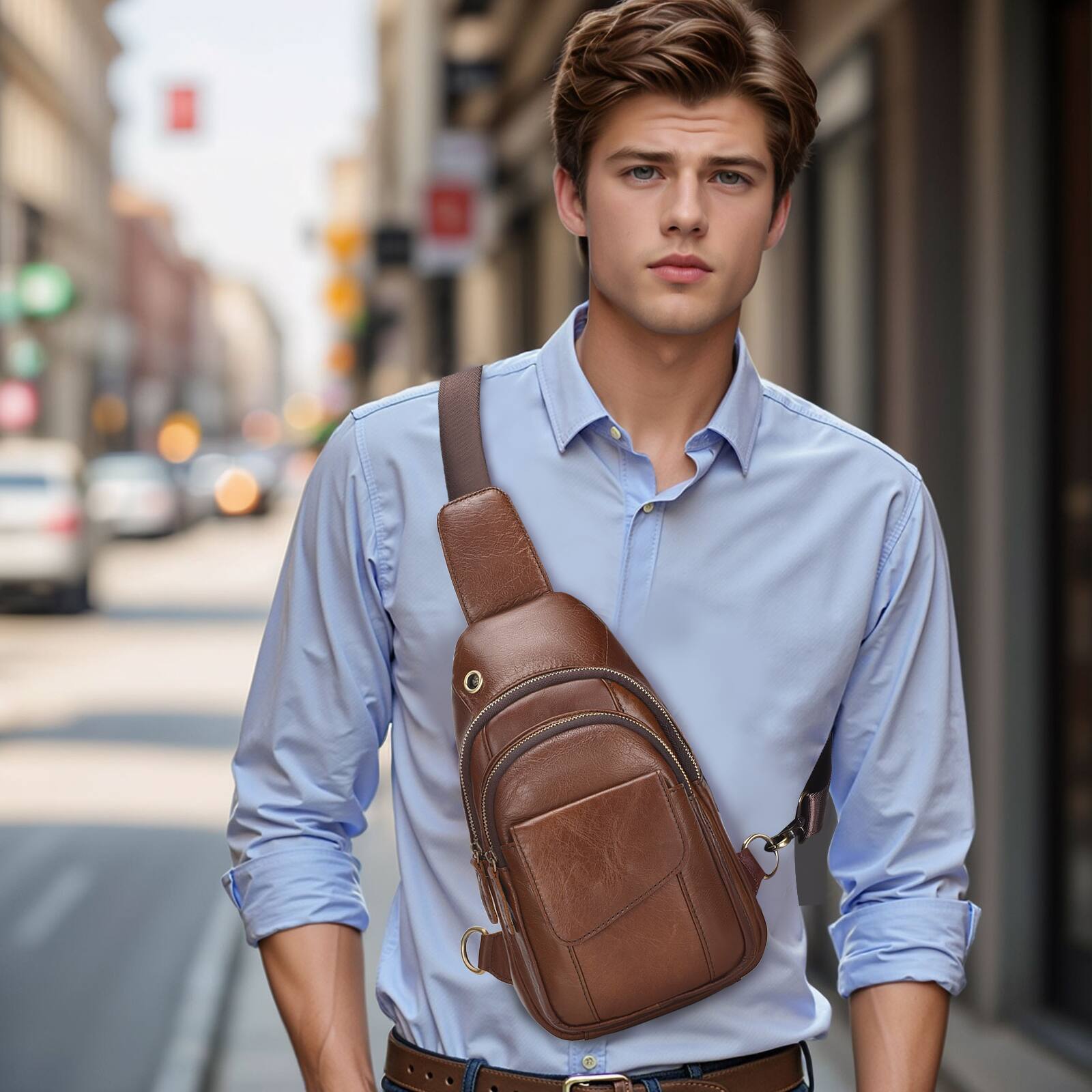 Alt View 1. Unique Bargains - Full-Grain Leather Sling Bag for Men Women Vintage Multi-Pocket Crossbody Bag with Concealed Carry Compartment - Light Brown.