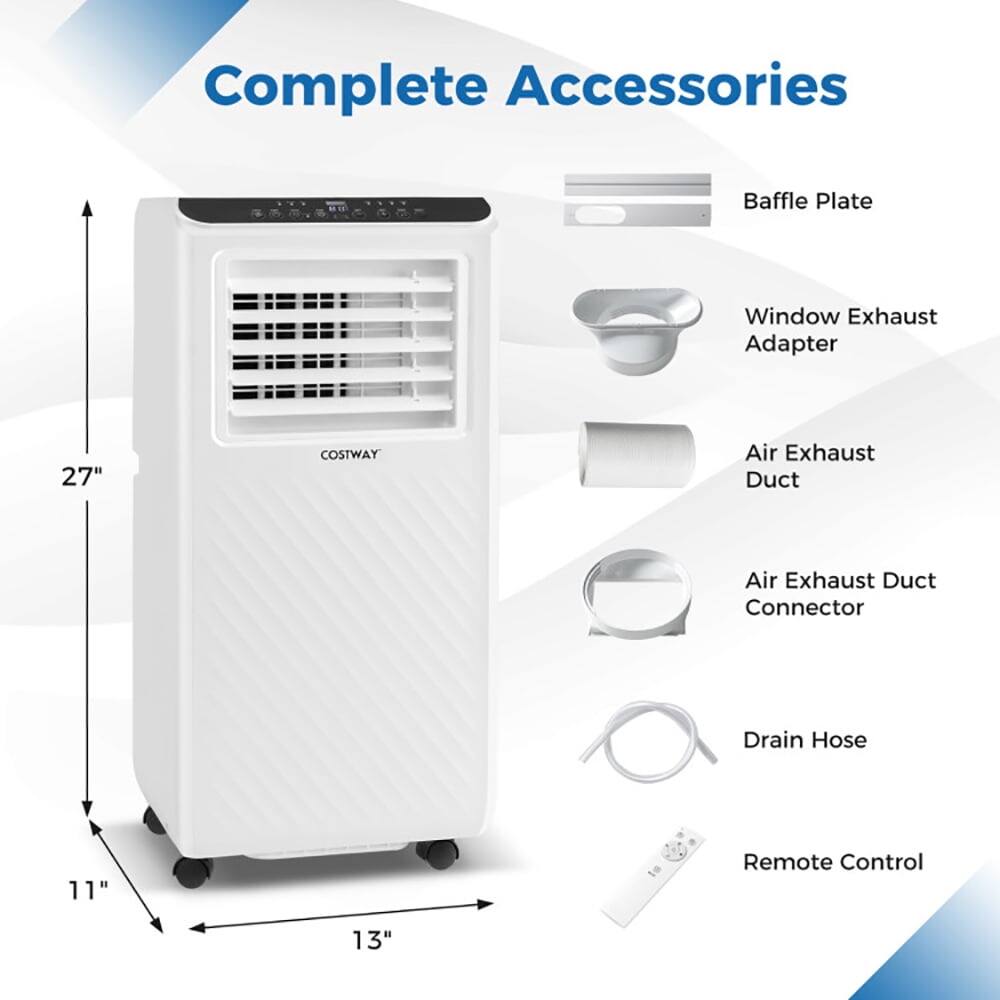 Complete Accessories  
- Baffle Plate  
- Window Exhaust Adapter  
- Air Exhaust Duct  
- Air Exhaust Duct Connector  
- Drain Hose  
- Remote Control  

Dimensions:  
- Height: 27"  
- Width: 13"  
- Depth: 11"
