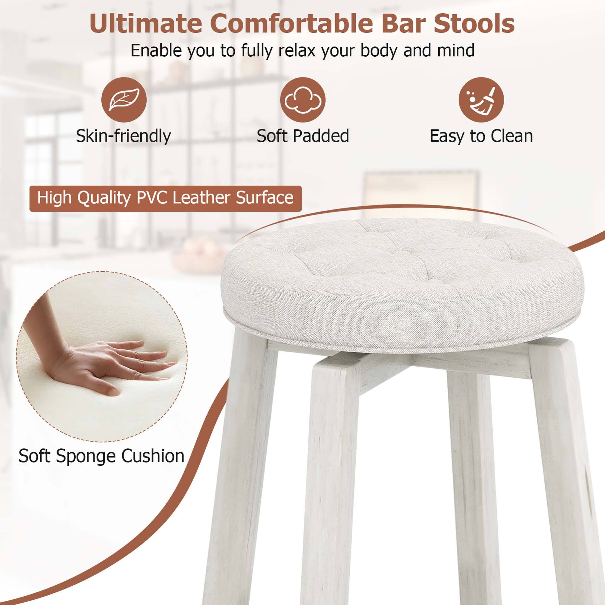 Ultimate Comfortable Bar Stools: Enable you to fully relax your body and mind. Skin-friendly, Soft Padded, Easy to Clean, High Quality PVC Leather Surface, Soft Sponge Cushion.