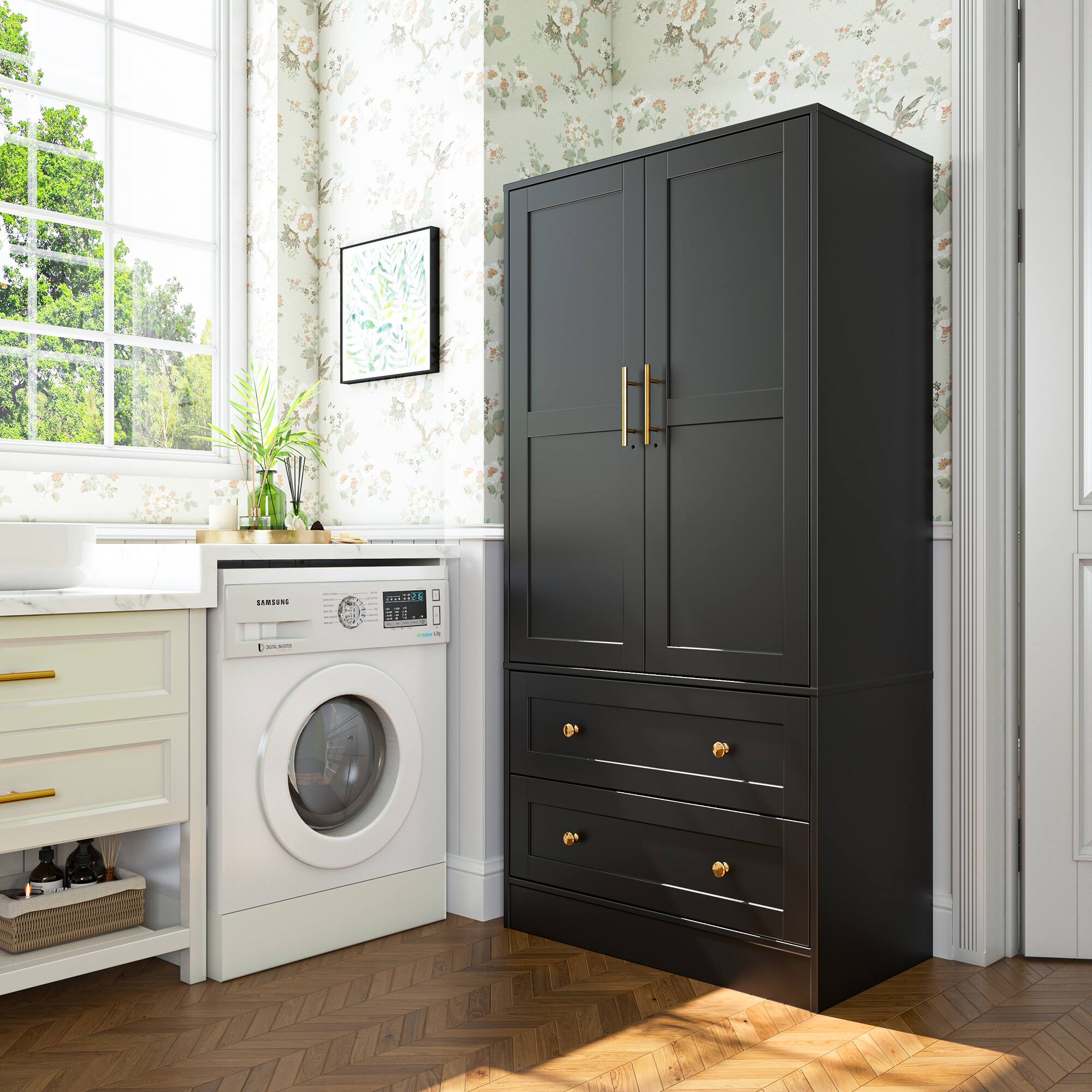 Angle. APRILSOUL - Shaker Style Classic Two-Door Wardrobe Solid Wood Bedroom Armoire with Hanging Rod and Shelves - black.