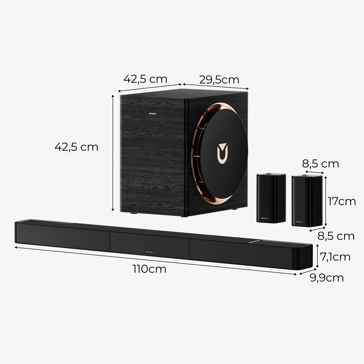 42.5 cm  
29.5 cm  
42.5 cm  
8.5 cm  
17 cm  
110 cm  
8.5 cm  
7.1 cm  
9.9 cm