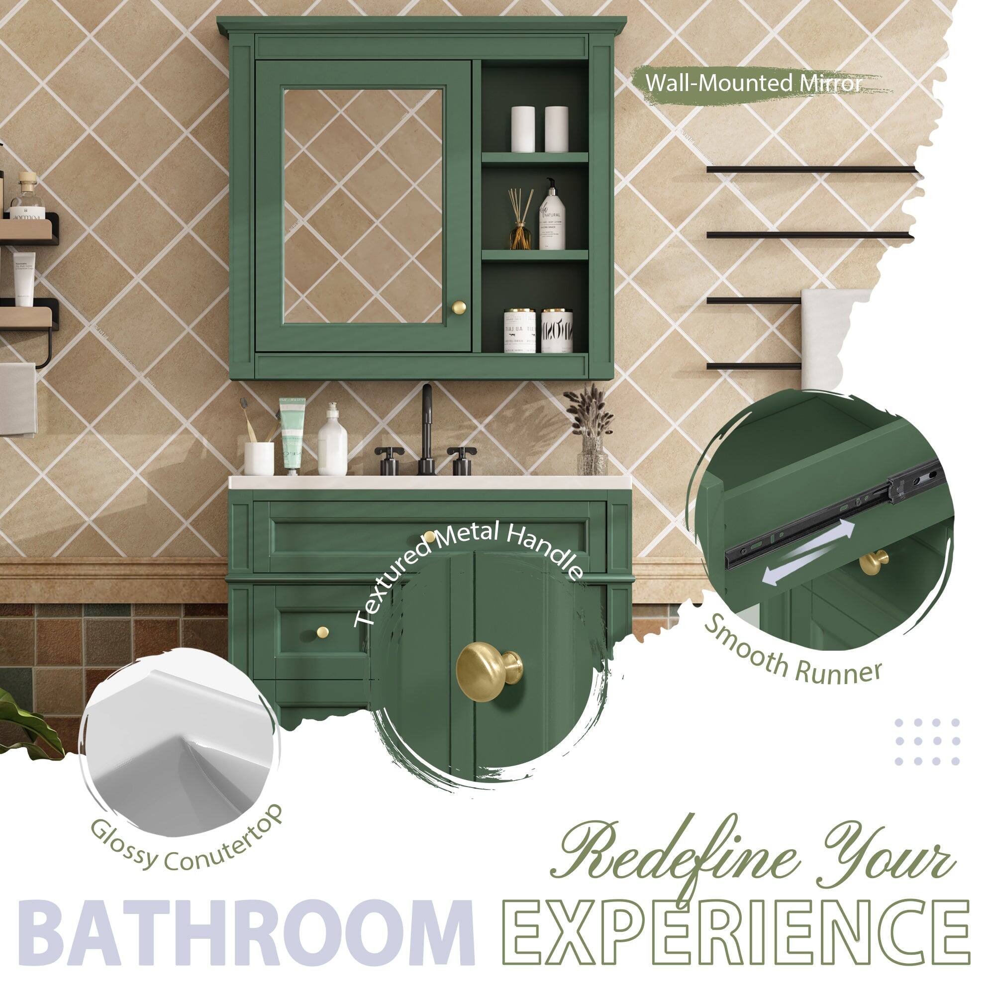 Wall-Mounted Mirror  
Metal Textured Handle  
Smooth Runner  
Glossy Countertop  
Redefine Your BATHROOM EXPERIENCE