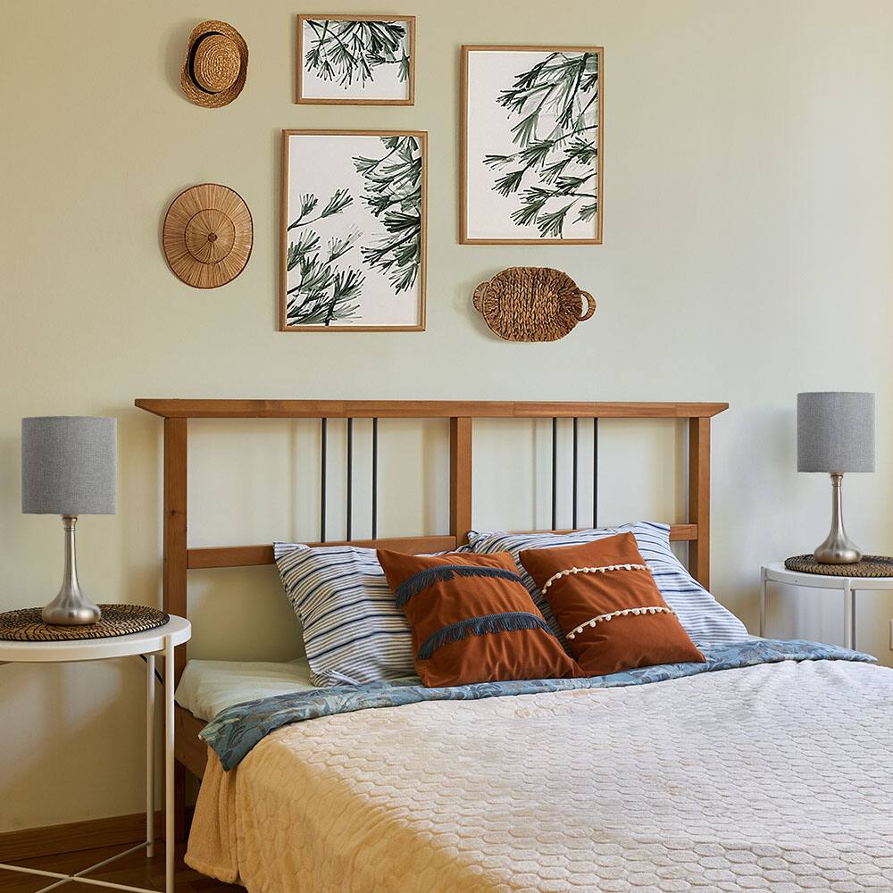 Alt View 1. Oumilen - 2-Piece Table Lamp Set with Brushed Nickel Gourd Base and Light Gray Linen Shade.