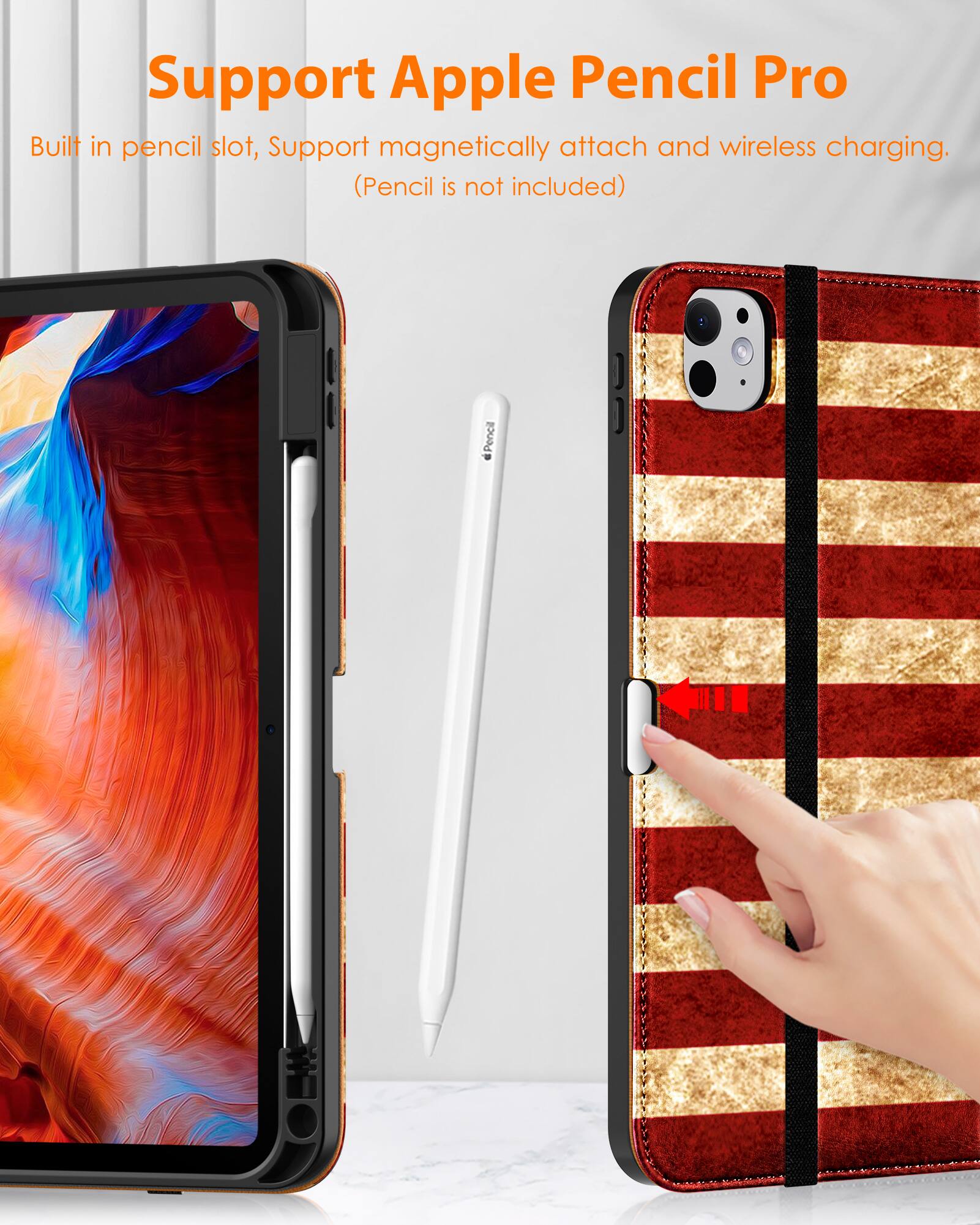 Support Apple Pencil Pro

Built in pencil slot, Support magnetically attach and wireless charging. (Pencil is not included)