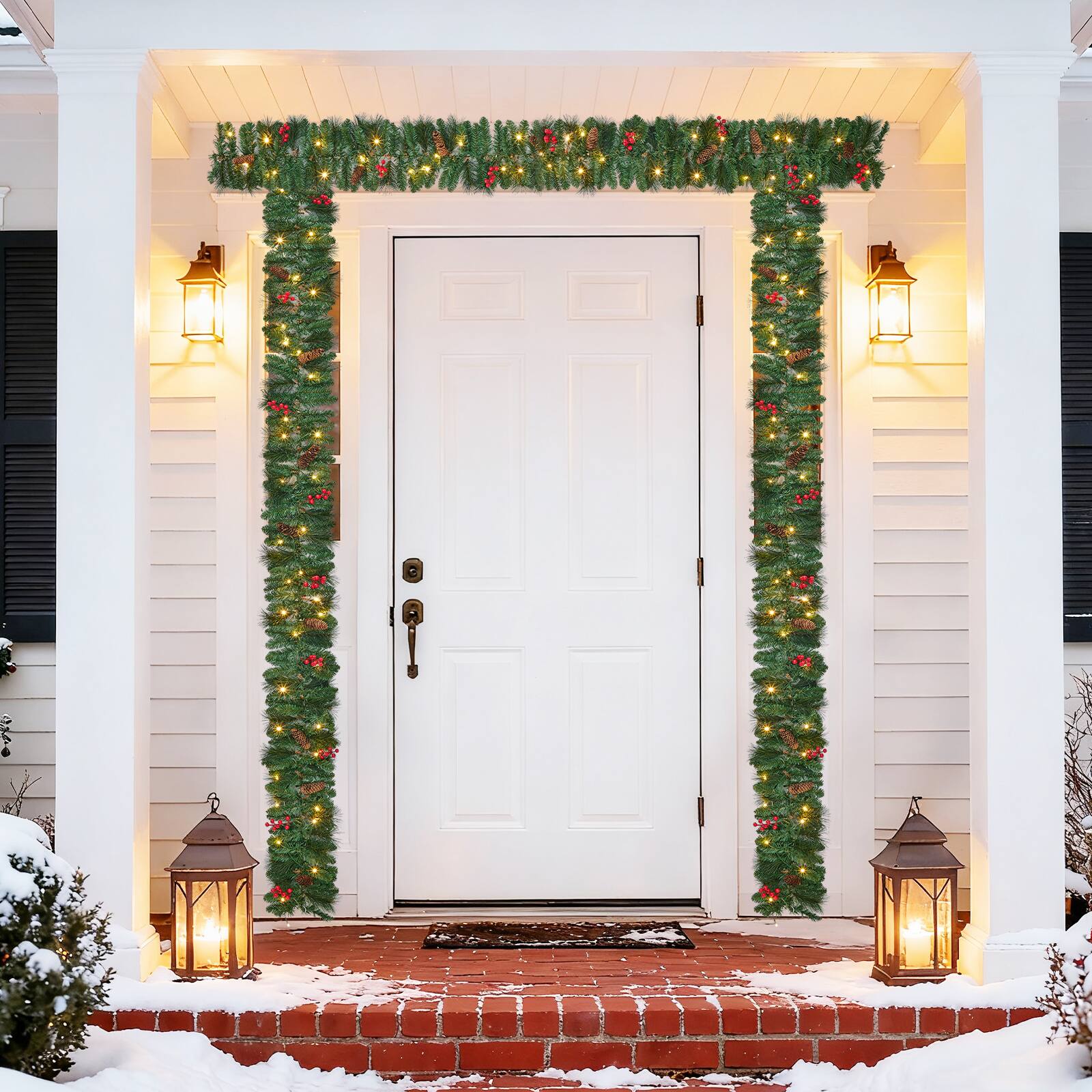 Left. Acekool - 9ft Pre-Lit Pine Christmas Garland with 40 Warm White LED Lights 8 Lighting Modes for Door Fireplace Stair Window - Green.