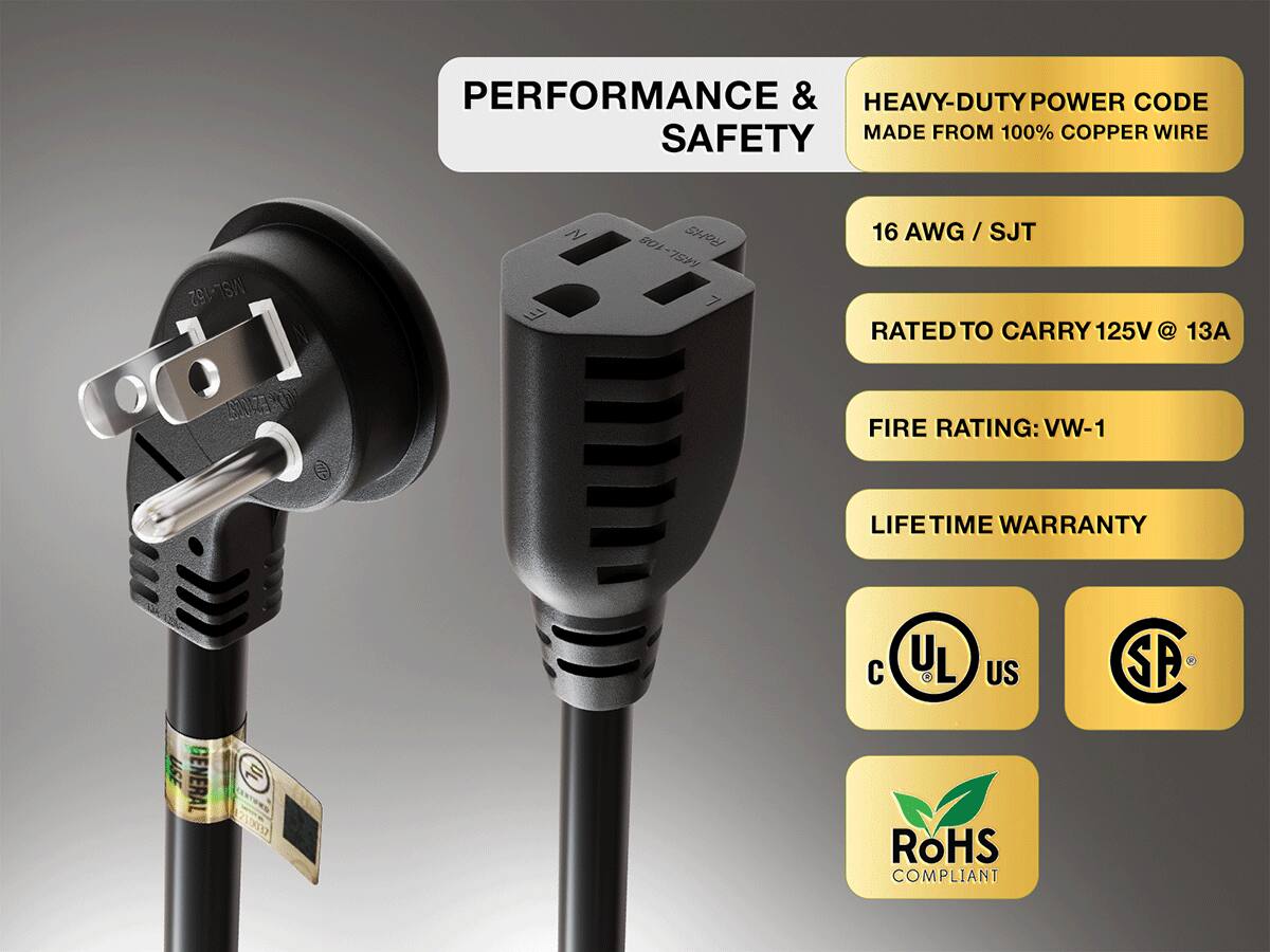 PERFORMANCE & SAFETY

HEAVY-DUTY POWER CODE MADE FROM 100% COPPER WIRE

16 AWG / SJT

RATED TO CARRY 125V @ 13A

FIRE RATING: VW-1

LIFE TIME WARRANTY

UL US

ROHS COMPLIANT