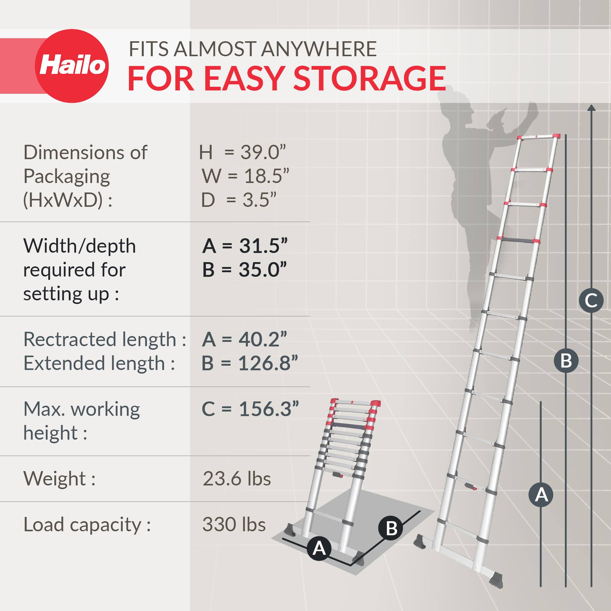 FITS ALMOST ANYWHERE FOR EASY STORAGE

Dimensions of Packaging (HxWxD):
H = 39.0"
W = 18.5"
D = 3.5"

Width/depth required for setting up:
A = 31.5"
B = 35.0"

Retracted length:
A = 40.2"
Extended length:
B = 126.8"

Max. working height:
C = 156.3"

Weight:
23.6 lbs

Load capacity:
330 lbs