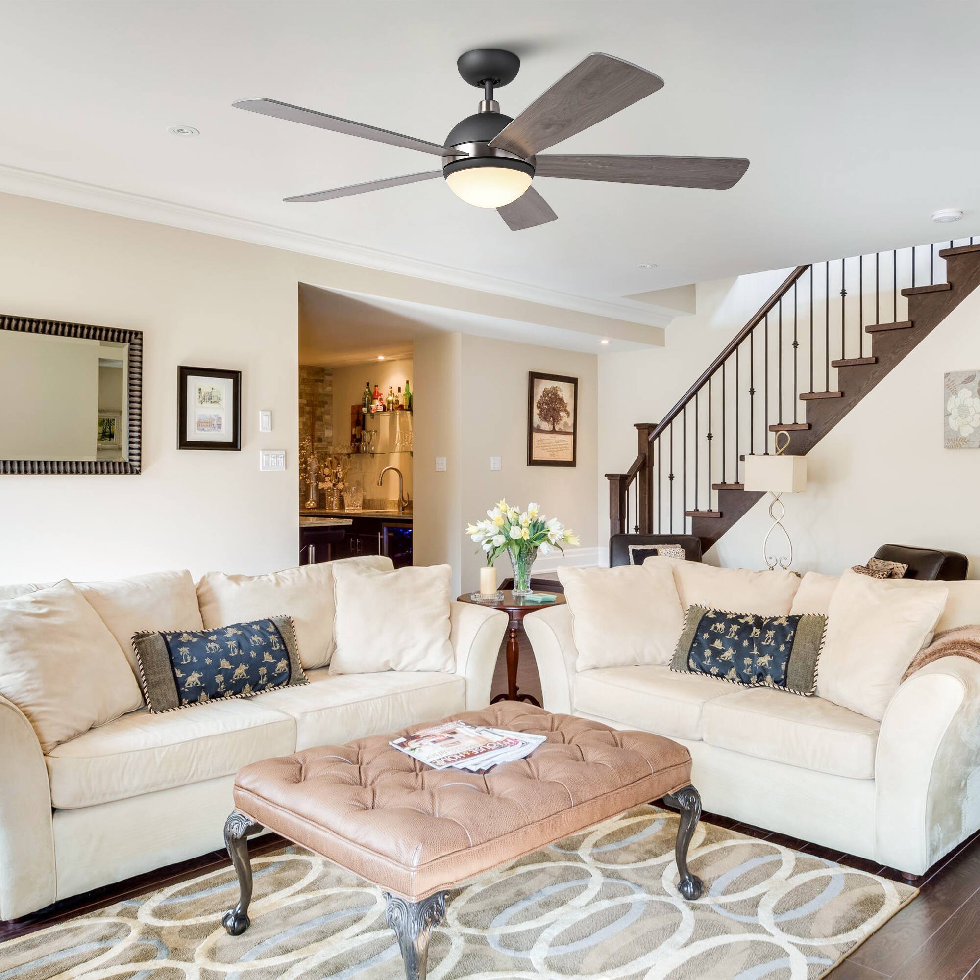 Angle. Parrot Uncle - 52" Modern Gray Wooden Ceiling Fan with Light and Remote - Graphite.