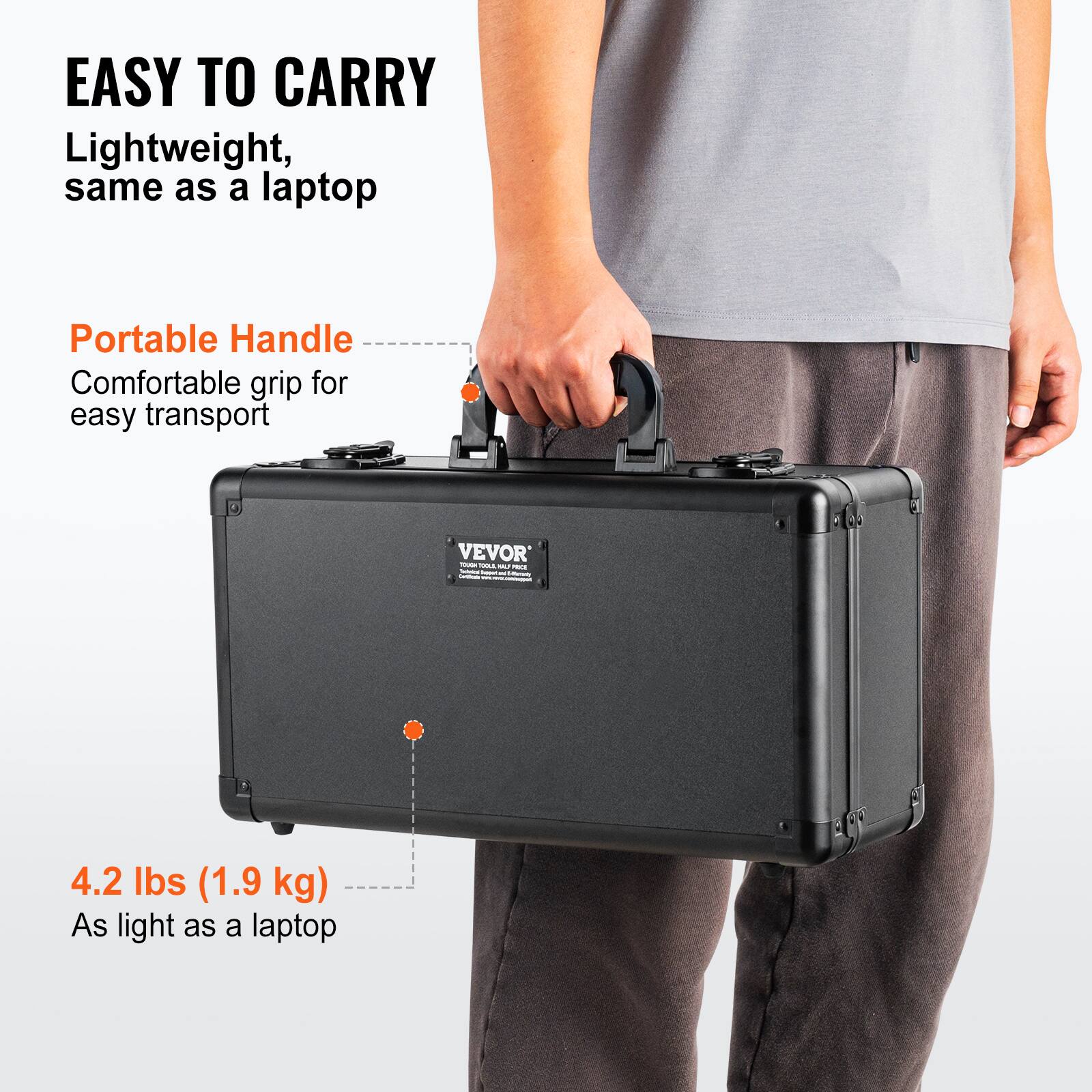 EASY TO CARRY  
Lightweight, same as a laptop  

Portable Handle  
Comfortable grip for easy transport  

4.2 lbs (1.9 kg)  
As light as a laptop