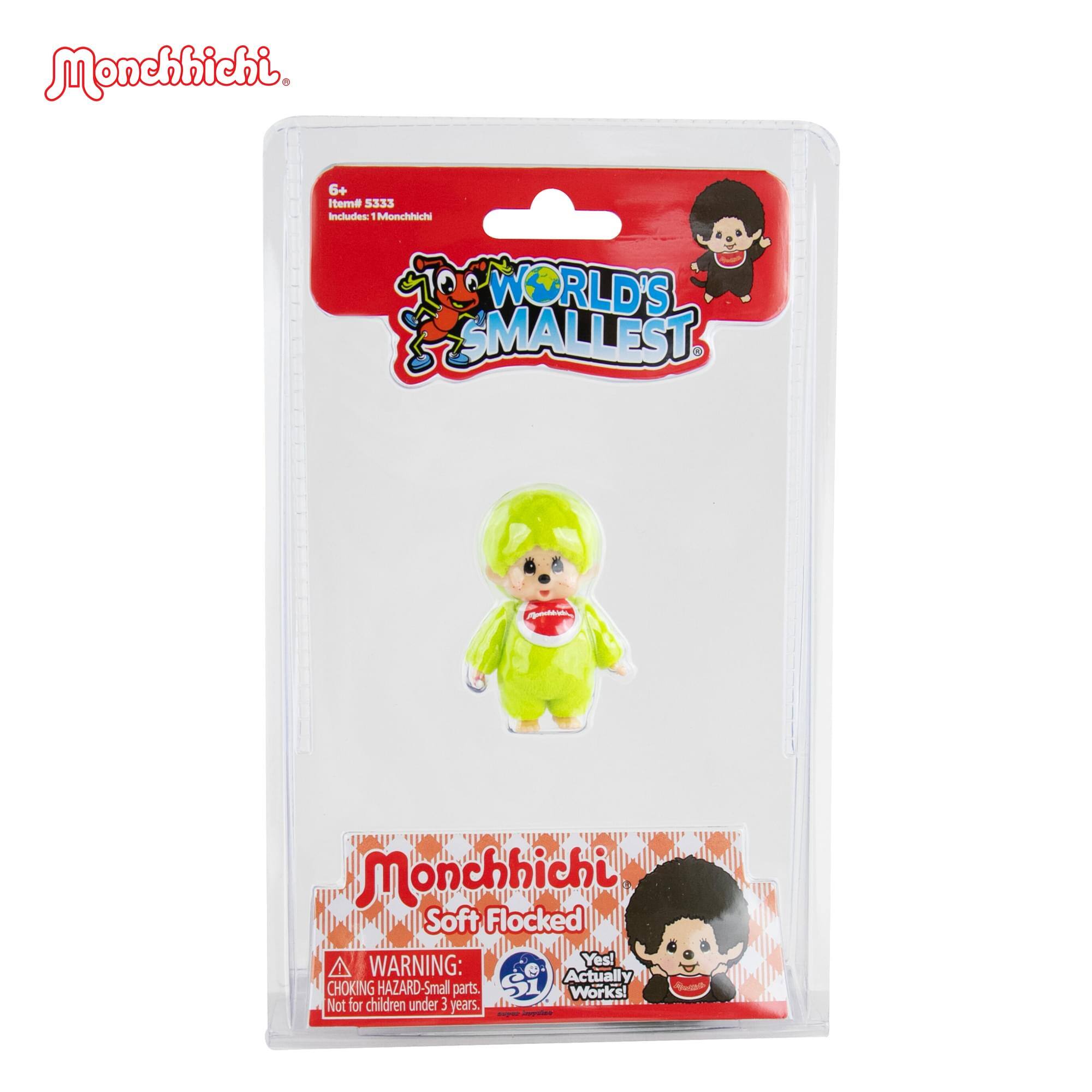 Monchhichi  
6+ Item 5333  
Includes: 1 Monchhichi  
CT WORLD'S SMALLEST  
Monchhichi Soft Flocked  
WARNING: Yes! Actually CHOKING HAZARD-Small parts.  
Works! Not for children under 3 years.