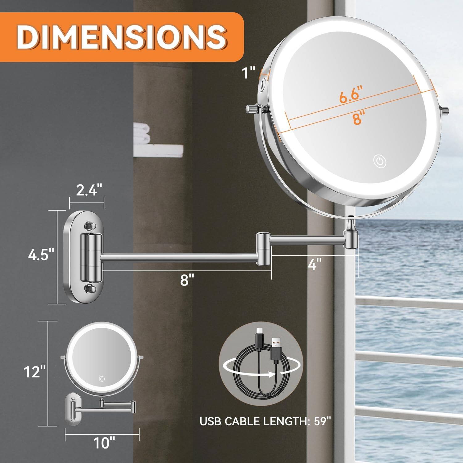 DIMENSIONS

- 1"
- 2.4"
- 4.5"
- 4"
- 6.6"
- 8"
- 8"
- 10"
- 12"

USB CABLE LENGTH: 59"