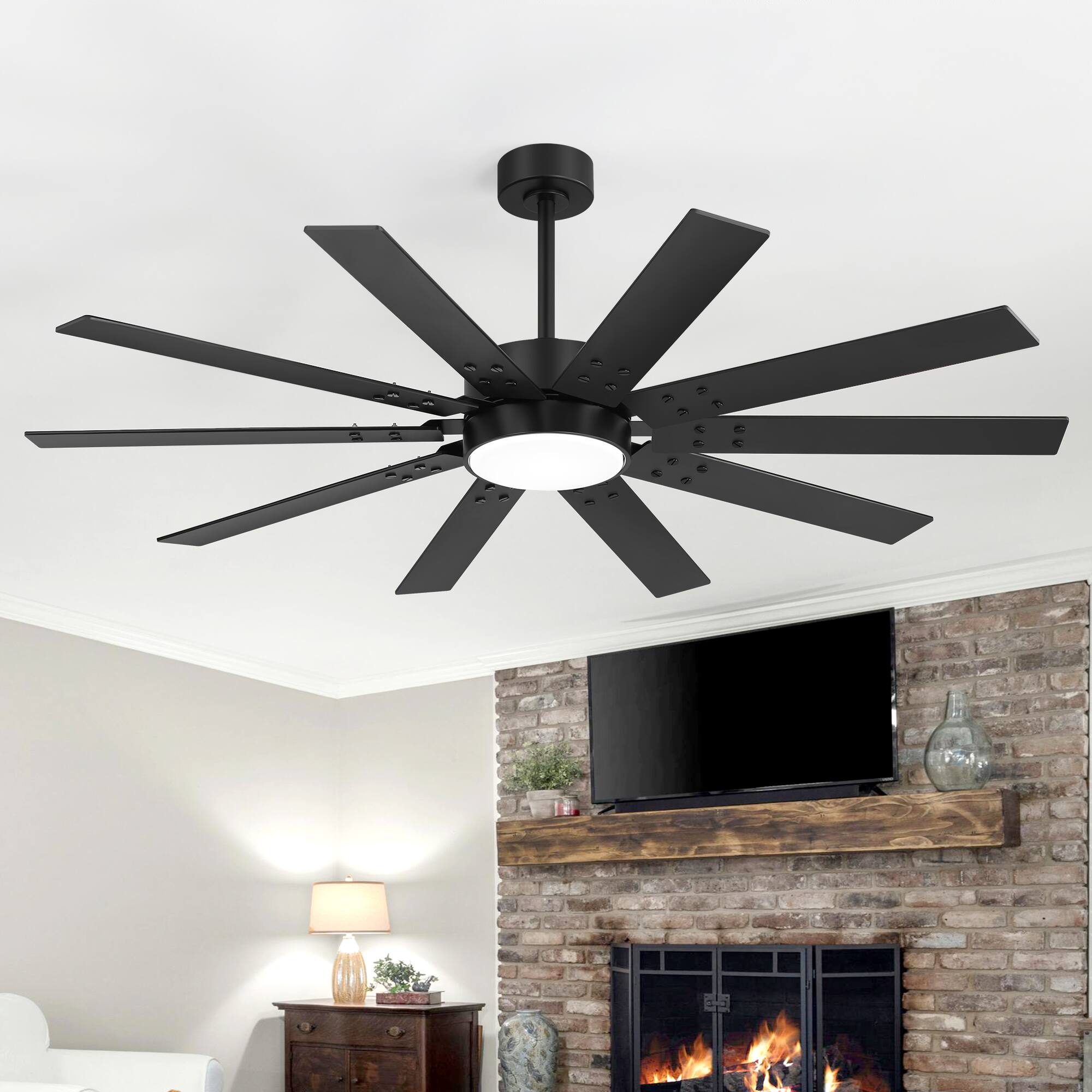 Alt View 9. Breezary - 60-In LED Indoor Ceiling Fan, 10 Plywood Blades, 6-Speed DC Motor,  Remote Control, Multi Timer, 6"/12" Downrods - Black.
