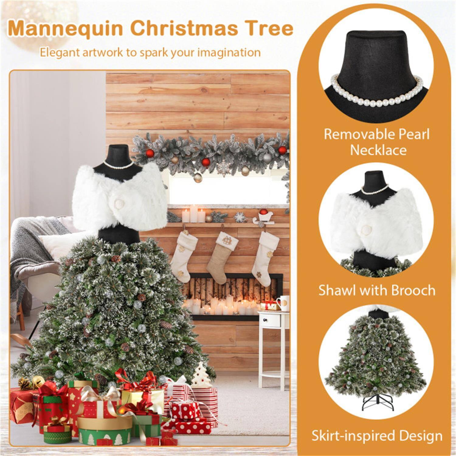 Mannequin Christmas Tree  
Elegant artwork to spark your imagination  

- Removable Pearl Necklace  
- Shawl with Brooch  
- Skirt-inspired Design