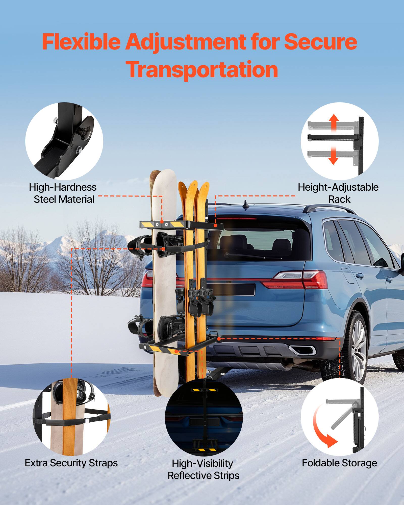 Flexible Adjustment for Secure Transportation

- High-Hardness Steel Material
- Height-Adjustable Rack
- Extra Security Straps
- High-Visibility Reflective Strips
- Foldable Storage
