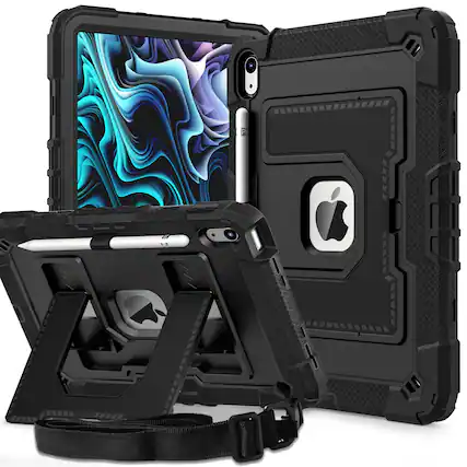 Front. Dteck - Heavy Duty Rugged Case for Apple iPad A16 (11th Generation, 2025) with Multi-Angle Kickstand and Shoulder Strap - Black.