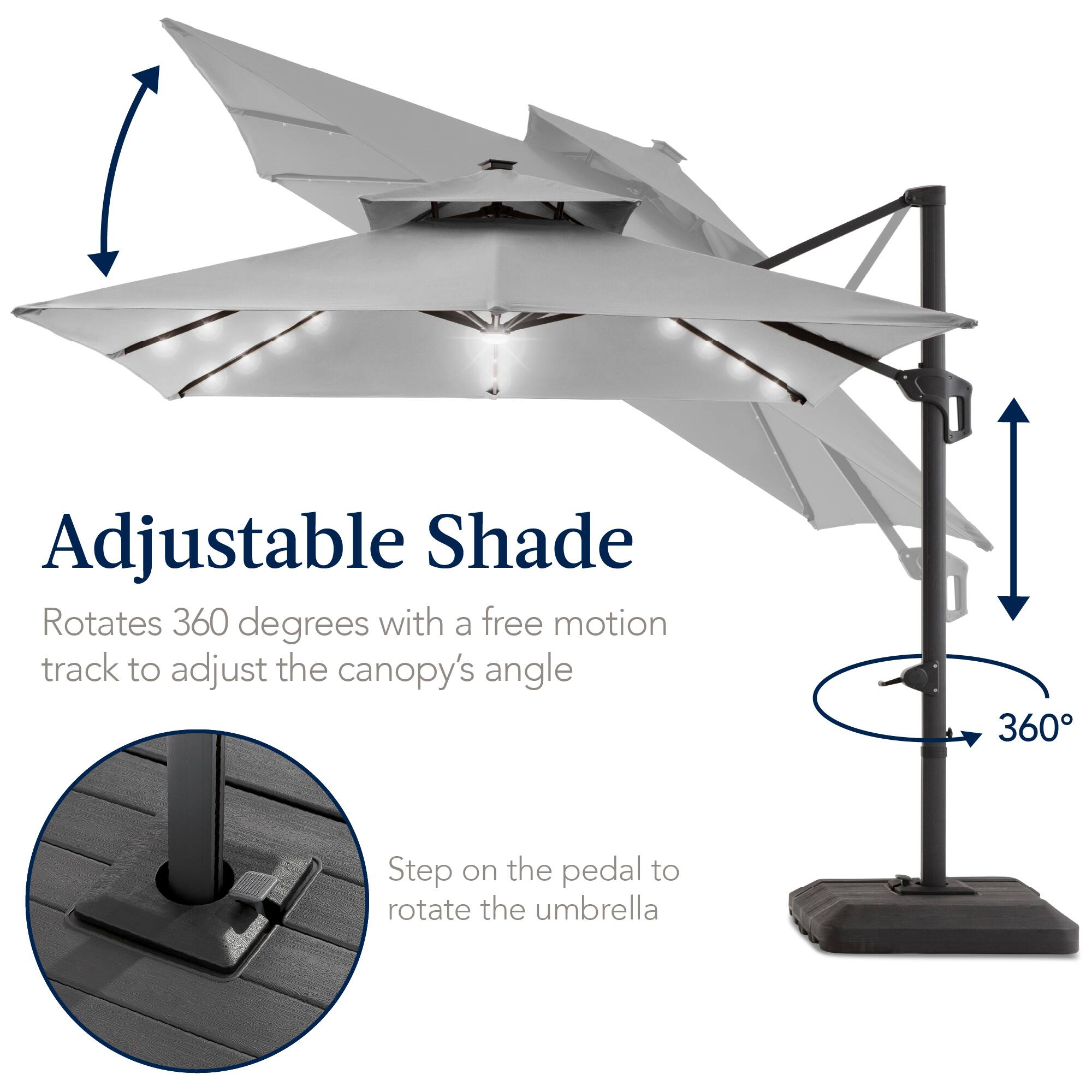 Adjustable Shade  
Rotates 360 degrees with a free motion track to adjust the canopy's angle  
Step on the pedal to rotate the umbrella