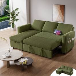 Dyonery - 81 "pull-out sofa, reclining backrest, reversible storage lounge chair, tool-free assembly, corduroy - Green