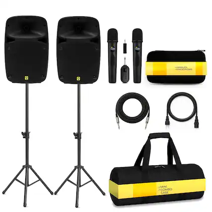 Viv Wireless Mini Combo Case
- 2 x Speakers
- 2 x Wireless Microphones (Model 5580)
- 1 x Wireless Receiver
- 2 x Cables
- 1 x Mini Combo Case