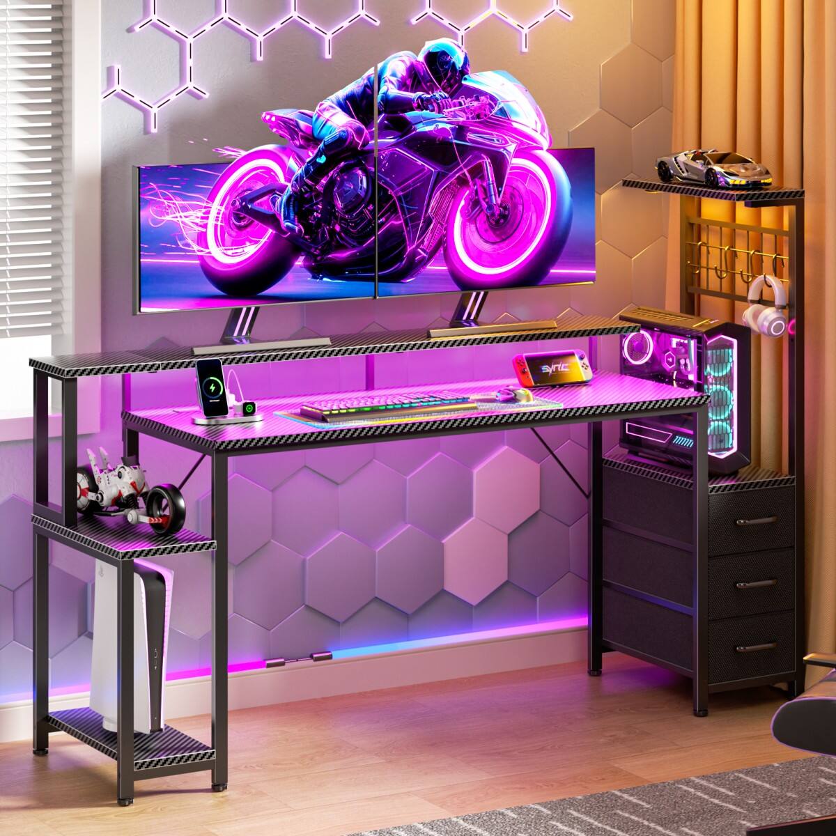 Alt View 7. Furnulem - Gaming Desk with LED Lights Power Outlet Monitor Stand Storage Drawers Carbon Fiber Computer Desk with Headphone Hooks - Black.