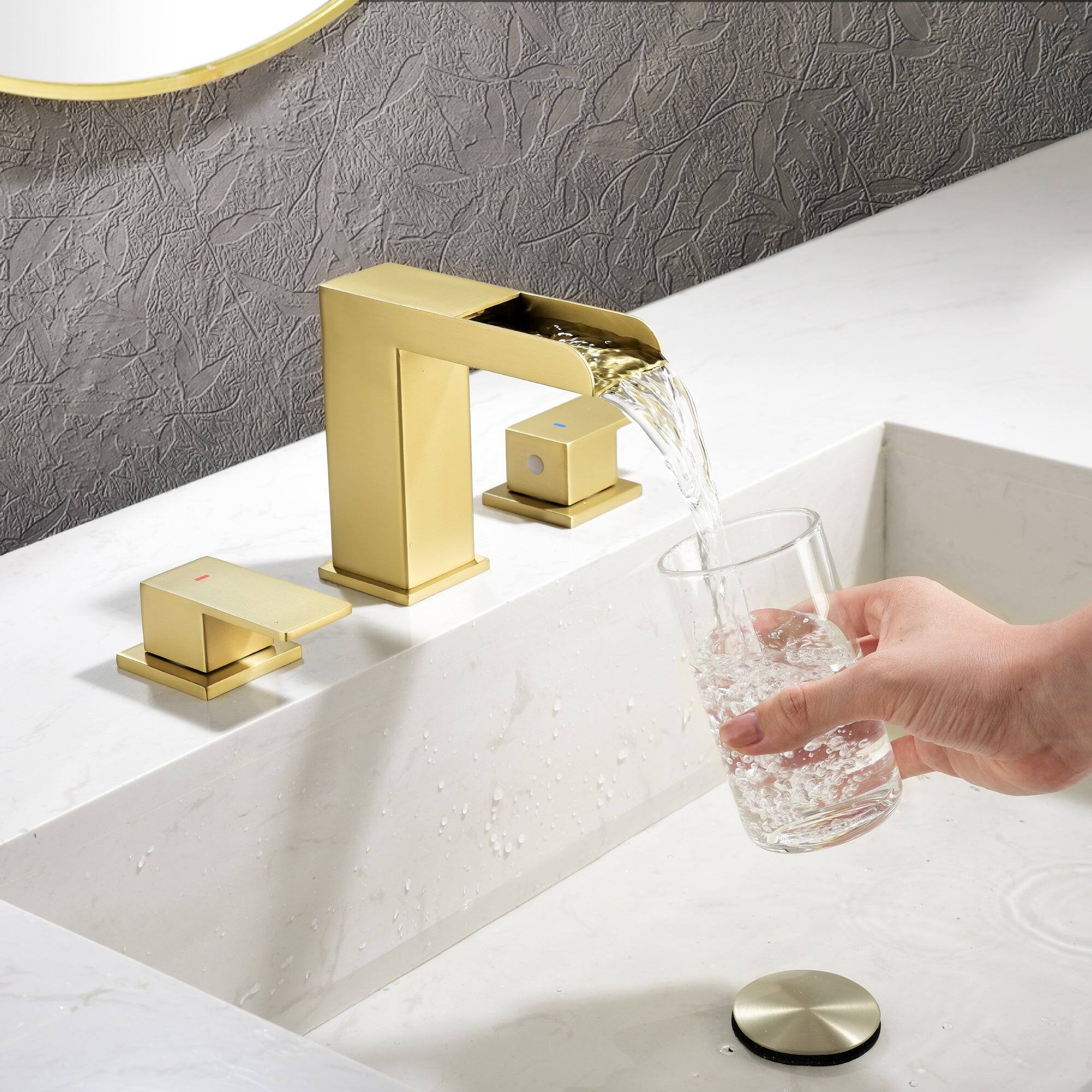 Alt View 2. Boyel Living - Brushed Gold Faucet SUS304 Waterfall Spout cUPC Quick Connect Dual Handle Pop Up Drain - Brushed Gold.