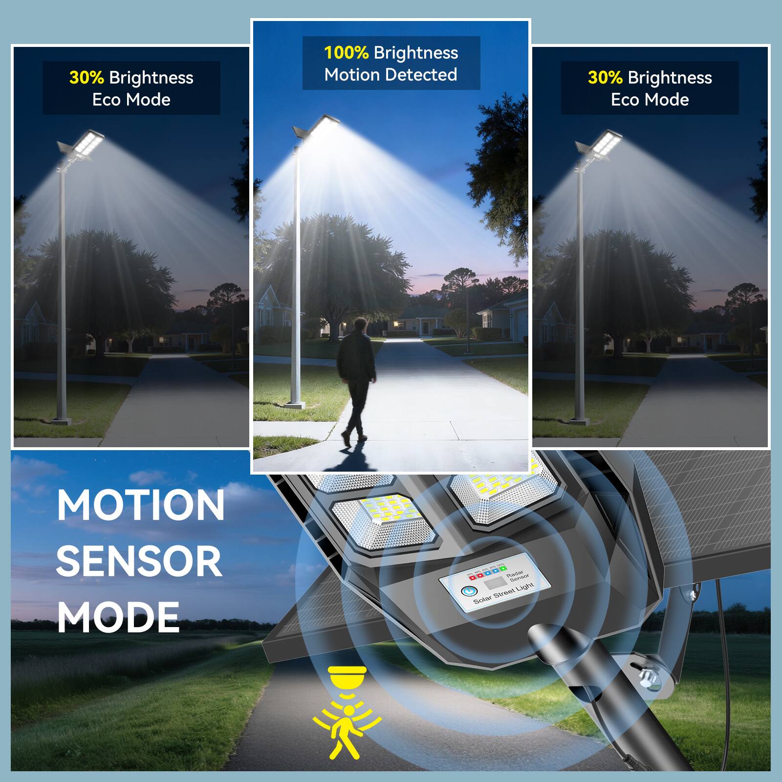 30% Brightness Eco Mode  
100% Brightness Motion Detected  
30% Brightness Eco Mode  

MOTION SENSOR MODE  

Solar Street Light