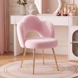 KERDOM - Flower Vanity Chair No Wheels, Faux Rabbit Fur, Cute Petal Makeup Chair with Gold Legs for Bedroom, Fluffy Dresser Chair - Pink