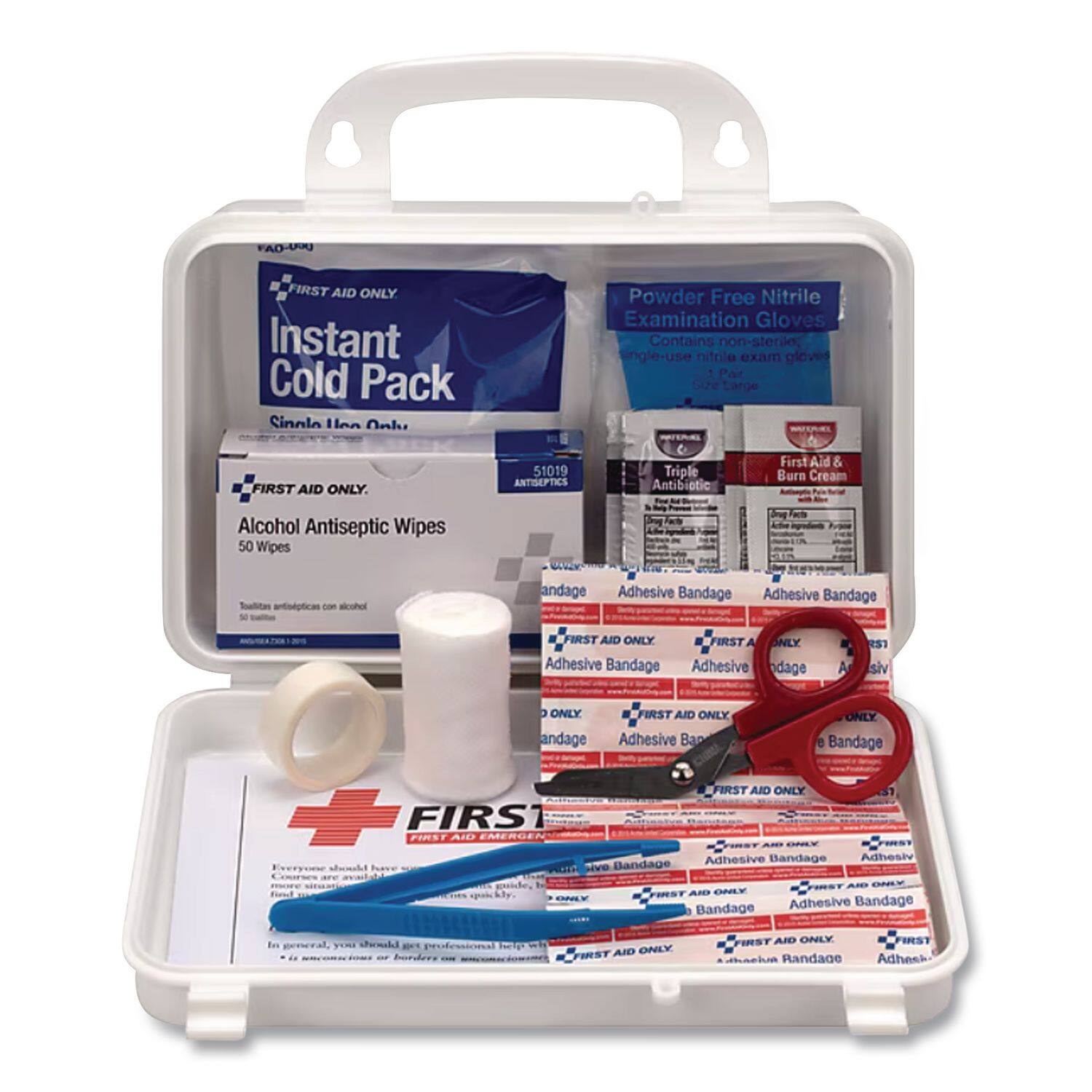 FAD-U FIRST AID ONLY  
Instant Cold Pack  
Single Use Only  

Powder Free Nitrile Examination Gloves  
Contains non-sterile single-use nitrile exam gloves  

51019 ANTISEPTICS  
Triple Antibiotic First Aid & Burn Cream  
Alcohol Antiseptic Wipes 50 Wipes  
Salvitas antisépticas - alcohol  

Adhesive Bandage  
FIRST AID ONLY  

FIRST AID EMERGENCY