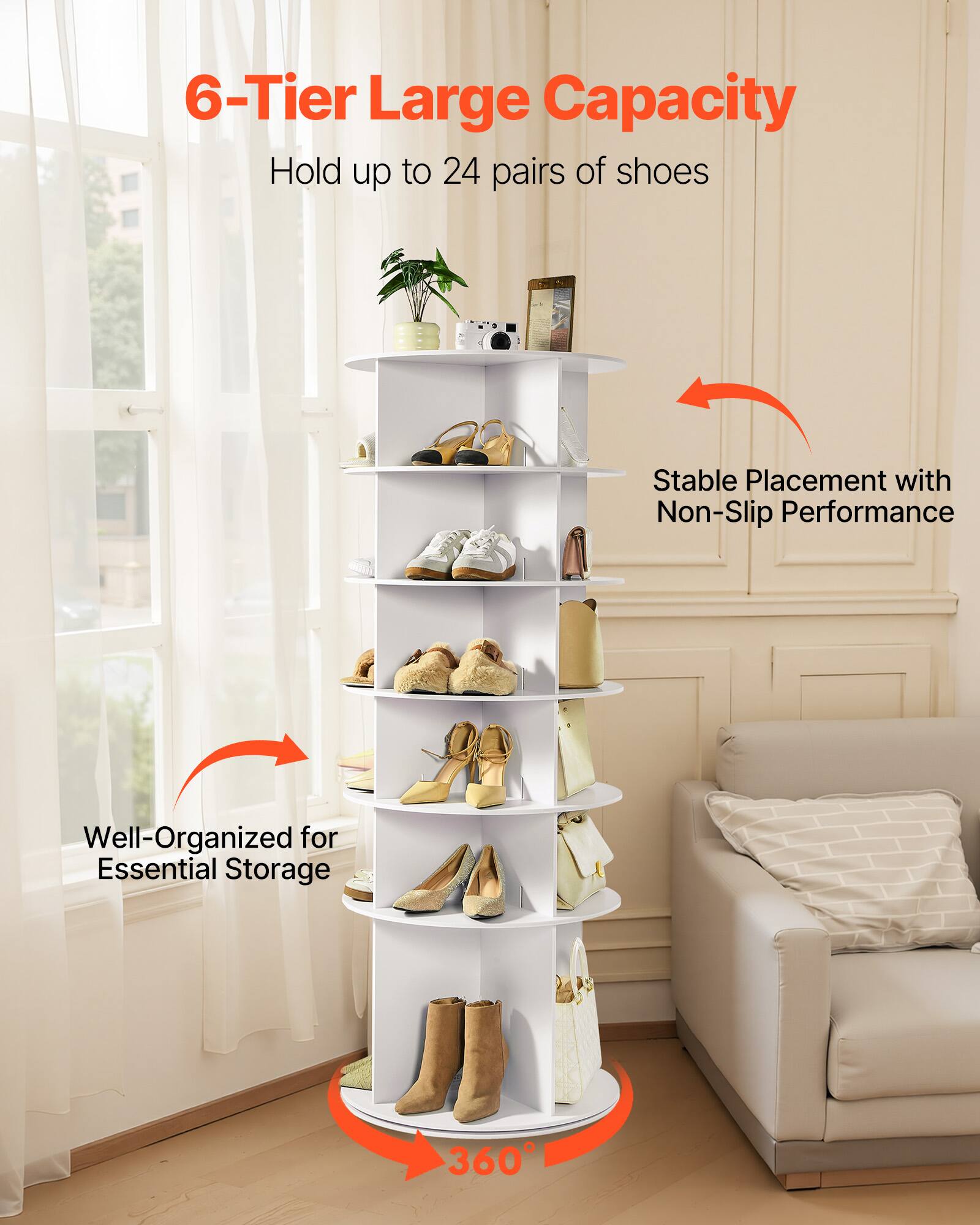 6-Tier Large Capacity  
Hold up to 24 pairs of shoes  

Stable Placement with Non-Slip Performance  

Well-Organized for Essential Storage  

360°