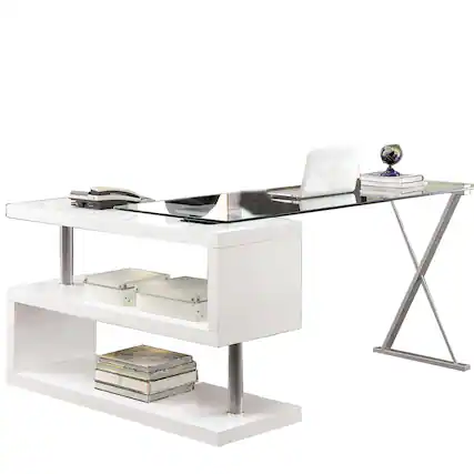 Front. Manhattan Lane - Movable Glass Top Desk with X Shaped Side Panel, White and Clear - White and Clear.