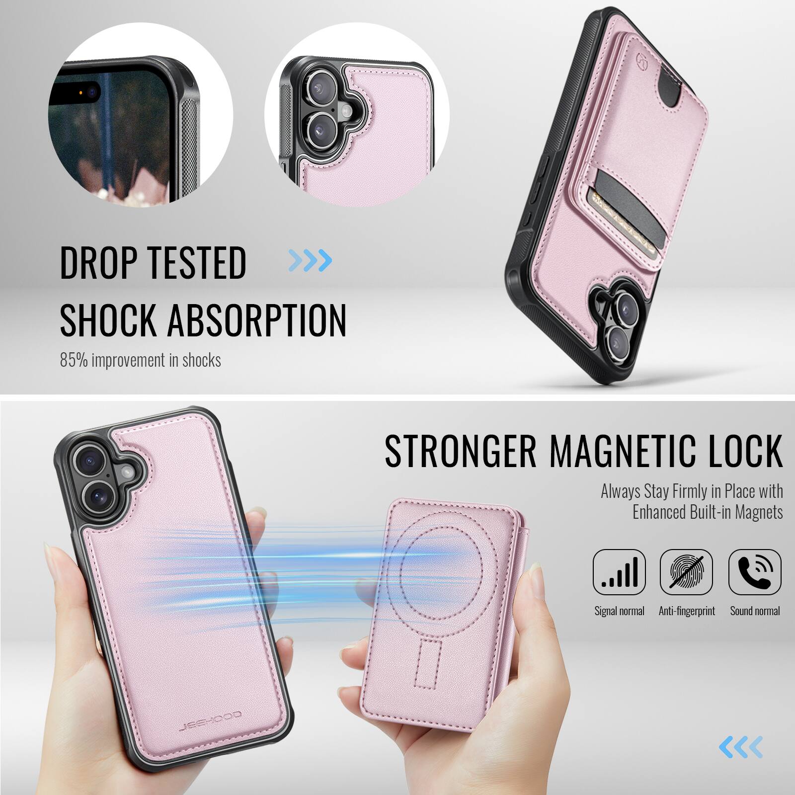 DROP TESTED  
SHOCK ABSORPTION  
85% improvement in shocks  

STRONGER MAGNETIC LOCK  
Always Stay Firmly in Place with Enhanced Built-in Magnets  

Signal normal  
Anti-fingerprint  
Sound normal  

COOMARL