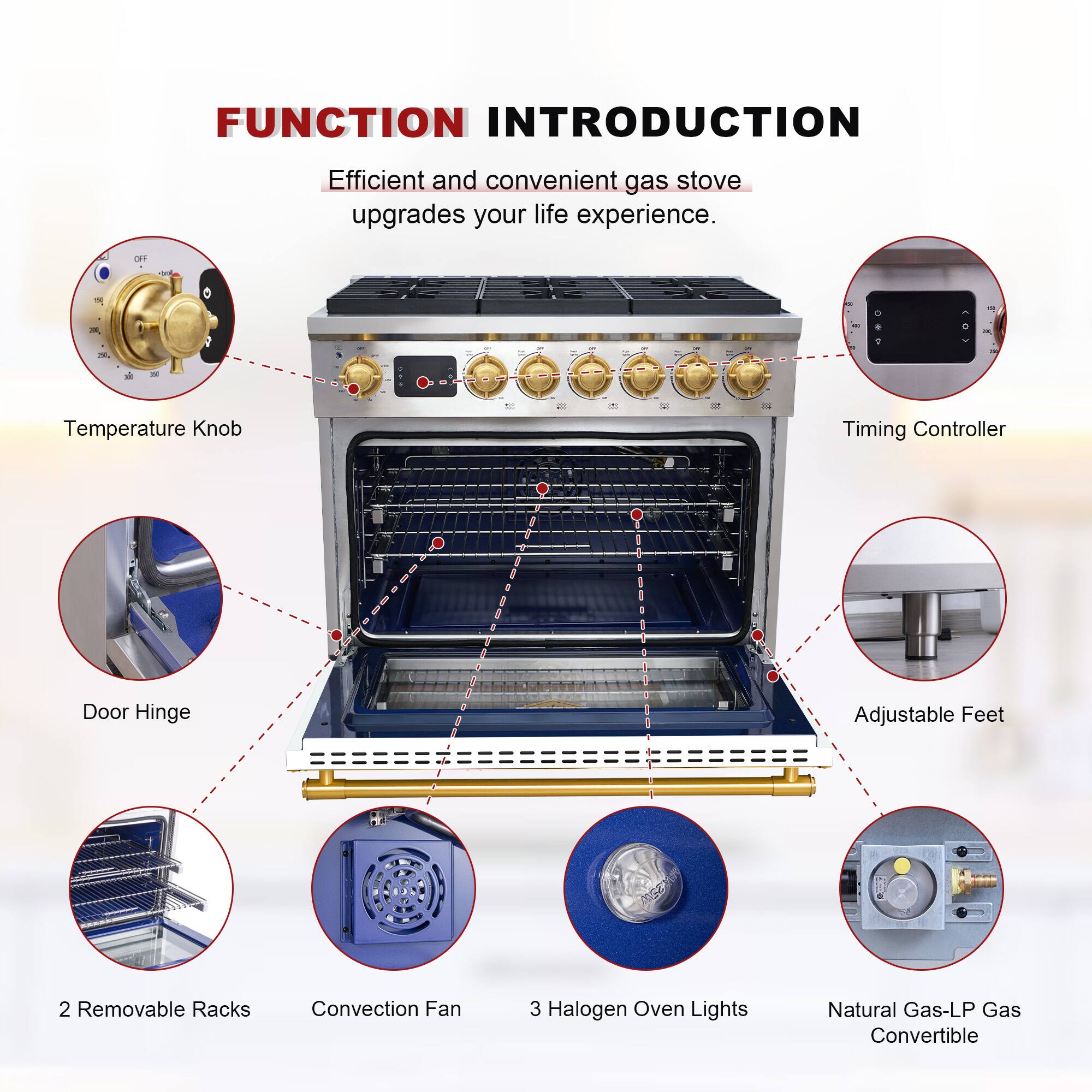 FUNCTION INTRODUCTION  
Efficient and convenient gas stove upgrades your life experience.

- Temperature Knob
- Timing Controller
- Door Hinge
- Adjustable Feet
- 2 Removable Racks
- Convection Fan
- 3 Halogen Oven Lights
- Natural Gas-LP Gas Convertible