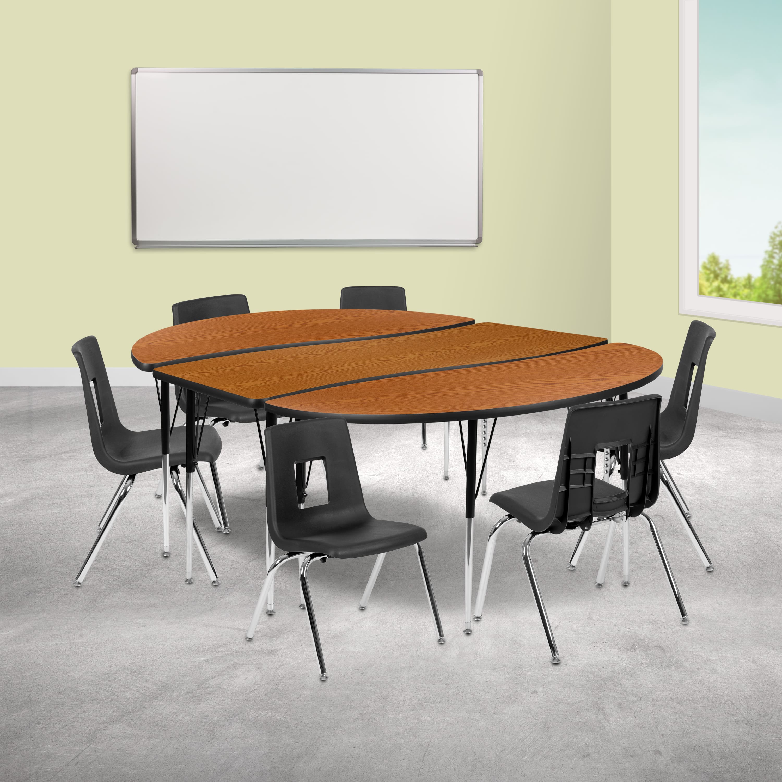 "Emma + Oliver - 86"" Oval Wave Collaborative Laminate Activity Table Set with 16"" Student Stack Chairs - Oak" price history on PriceWatchPro