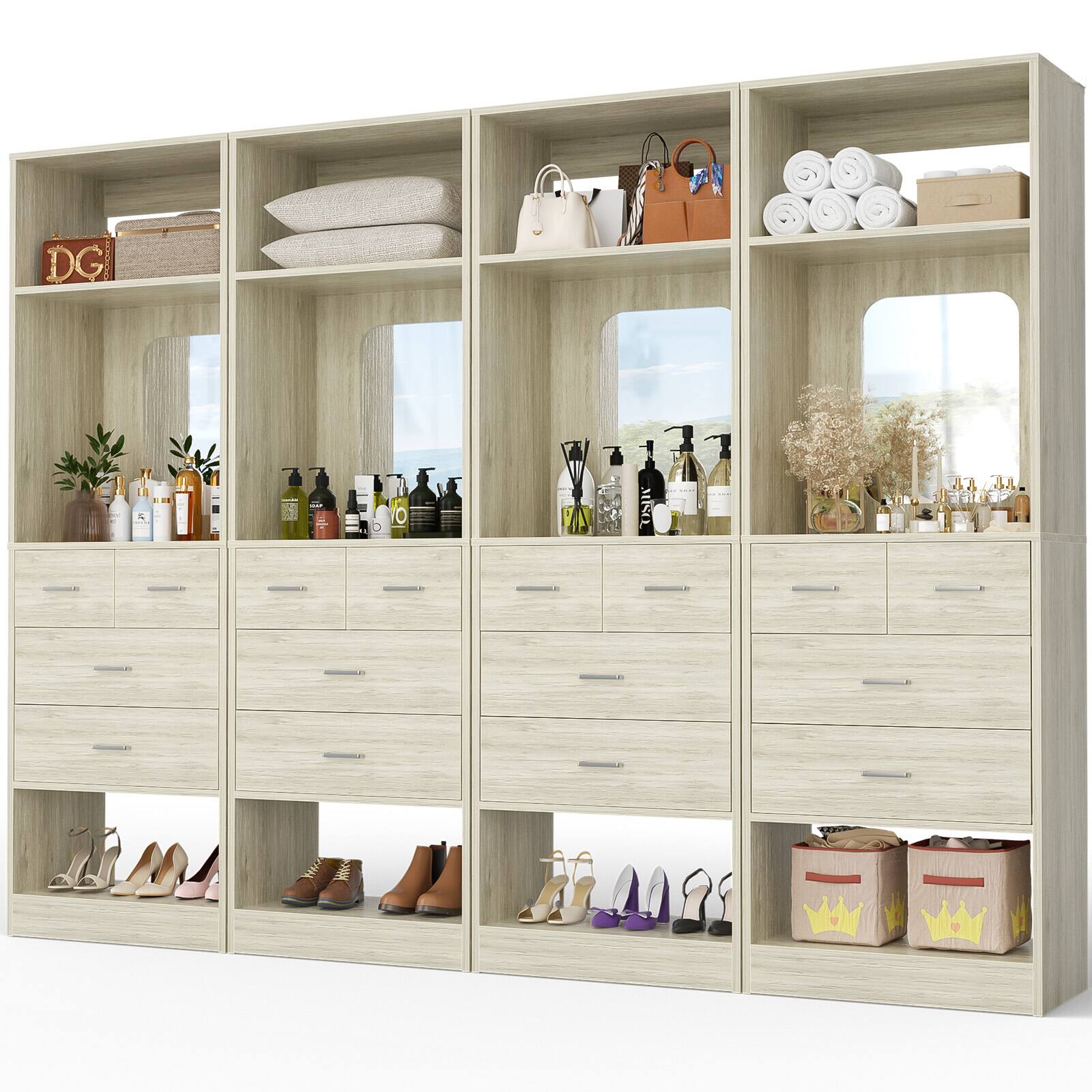 Alt View 2. Aheaplus - 100 Inch Sturdy Wardrobe System with 16 Drawers and Mirrors, Modular Closet System for Closet/Bedroom - Beige Oak.