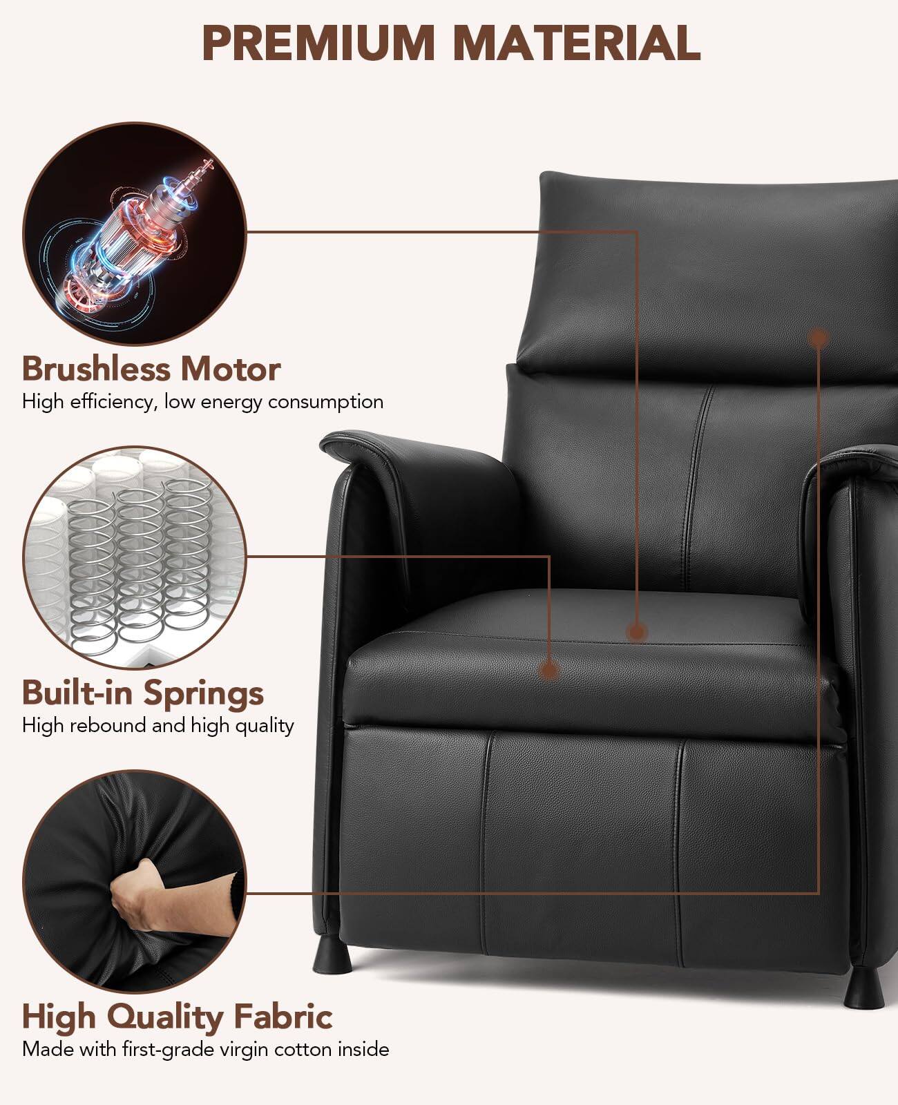 PREMIUM MATERIAL

Brushless Motor  
High efficiency, low energy consumption

Built-in Springs  
High rebound and high quality

High Quality Fabric  
Made with first-grade virgin cotton inside