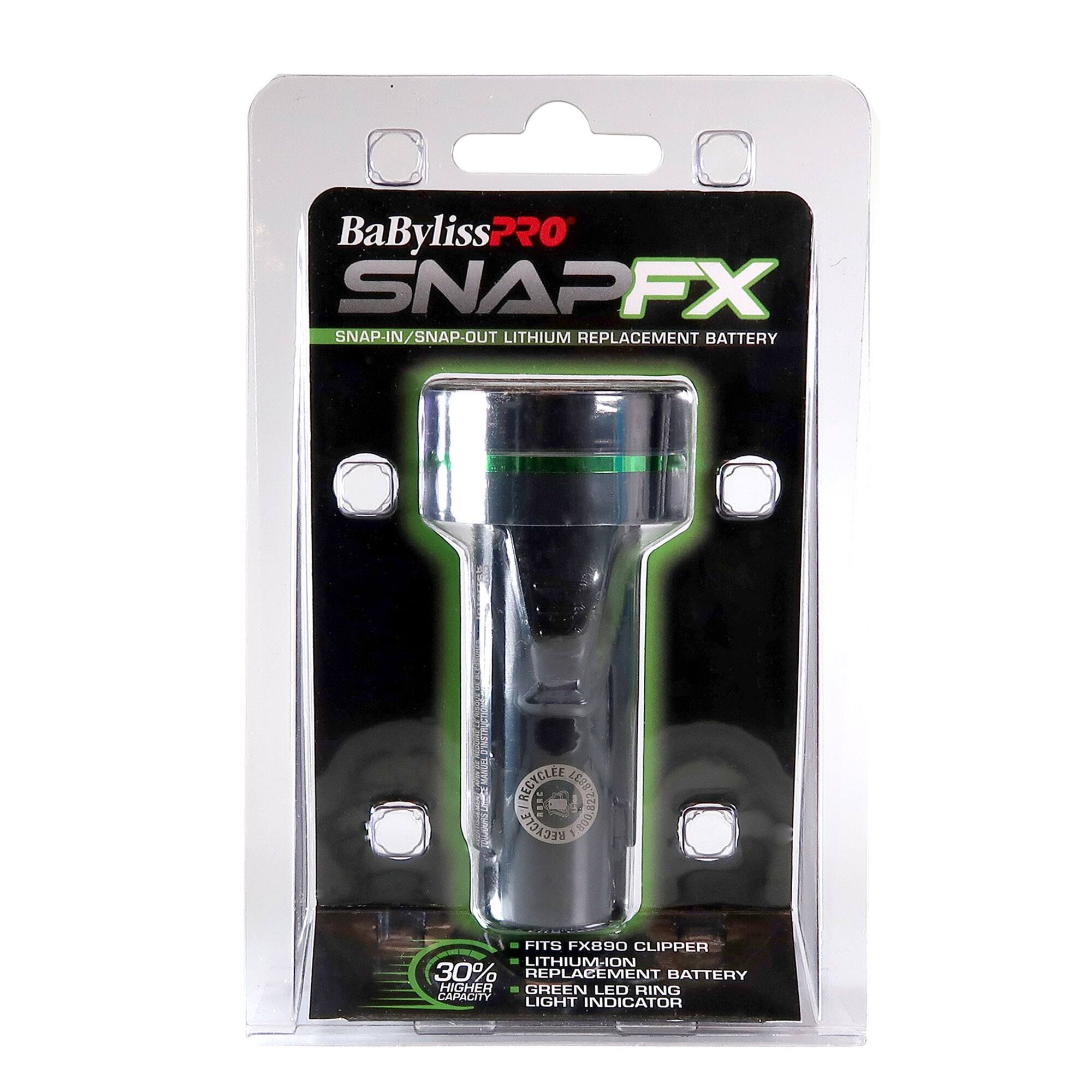 BaByliss PRO SNAPFX  
SNAP-IN/SNAP-OUT LITHIUM REPLACEMENT BATTERY  
FITS FX890 CLIPPER  
LITHIUM-ION  
30% HIGHER CAPACITY  
GREEN LED RING LIGHT INDICATOR