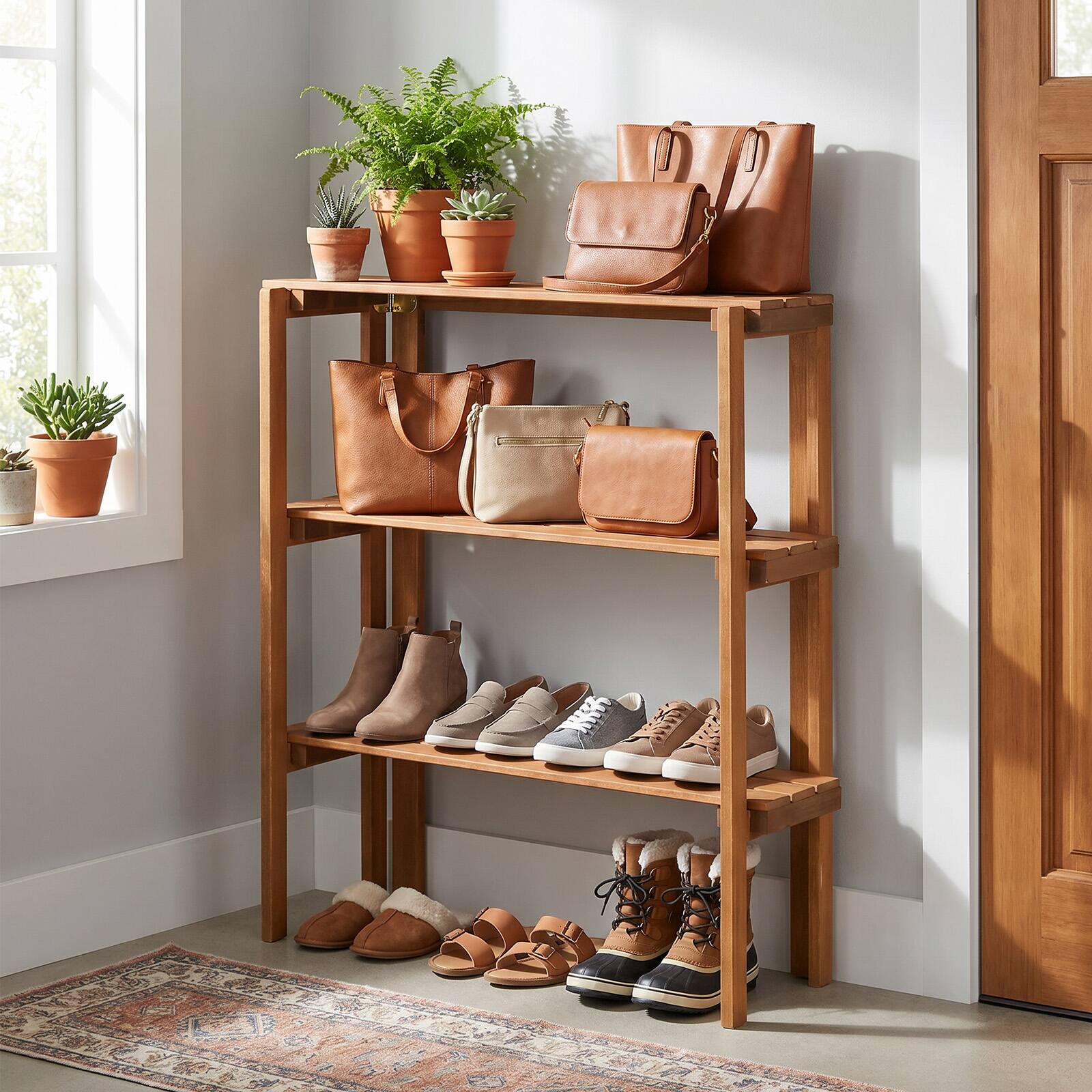 Alt View 3. Costway - Costway Folding Wooden Storage Shelves, 3-Tier Plant Stand Indoor Outdoor for Entryway - Natural.