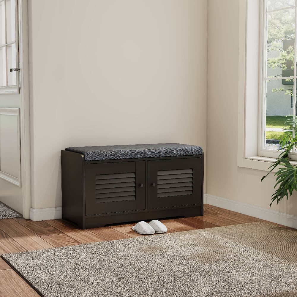 Left. Loheer - Loheer black shoe storage bench, 28.74 inch entryway bench with cushion and louvered doors - Black.