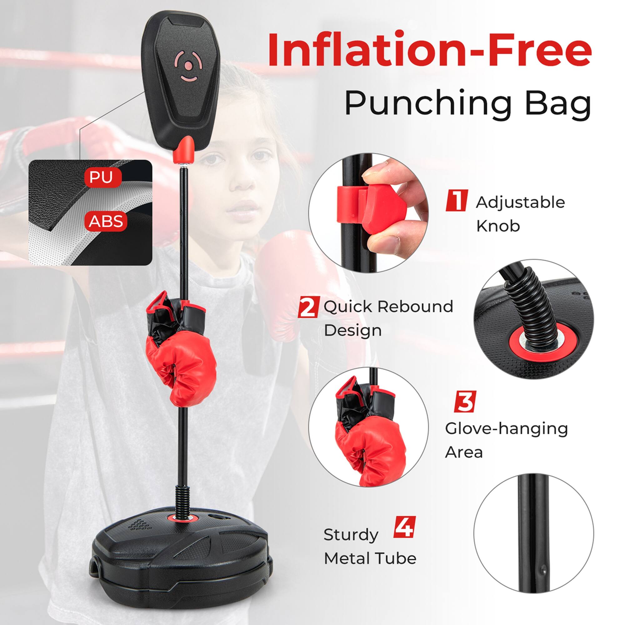 Inflation-Free Punching Bag PU ABS 1 Adjustable Knob 2 Quick Rebound Design 3 Glove-hanging Area 4 Sturdy Metal Tube