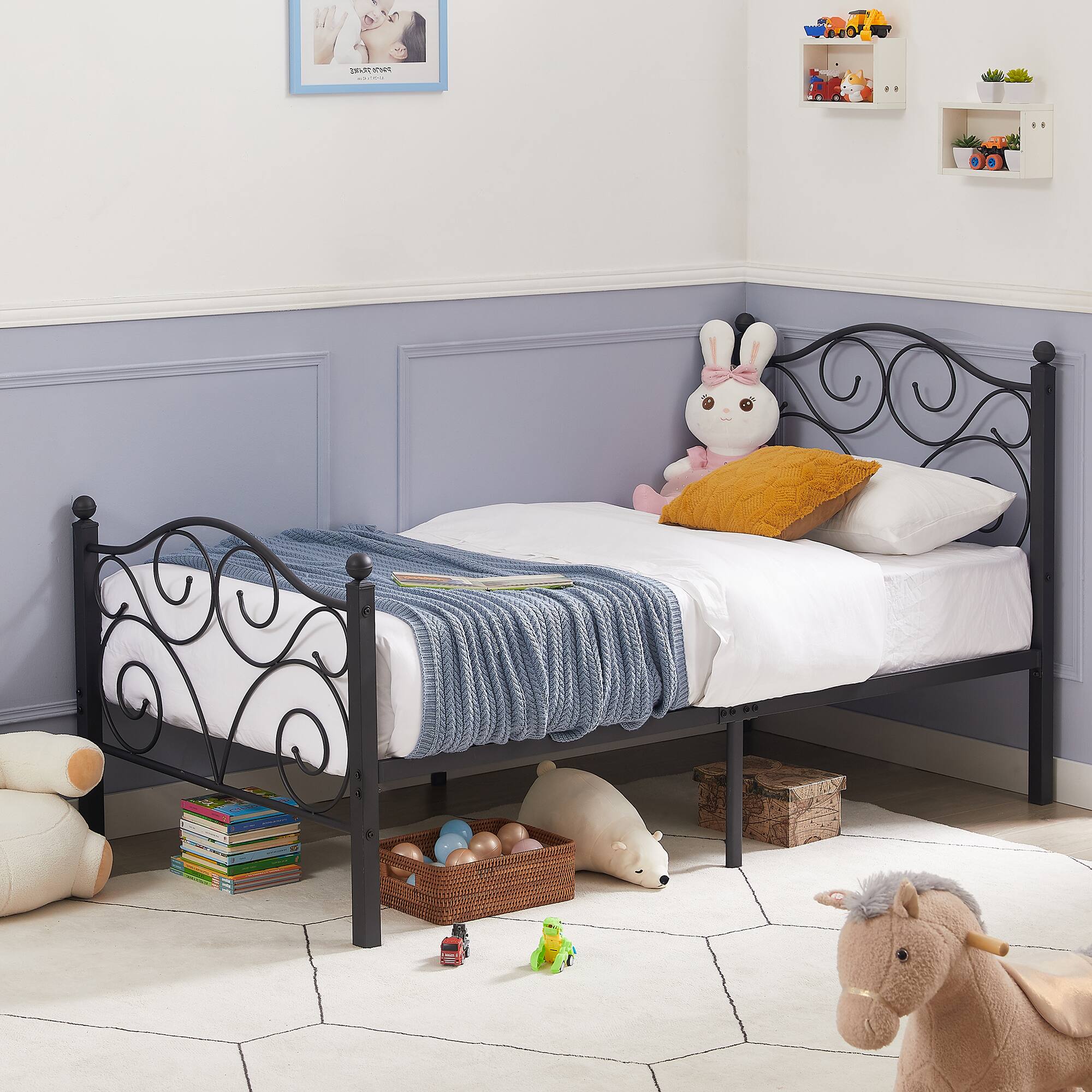 Back. Vecelo - Twin Bed Frame with Headboard & Footboard, Heavy Duty Steel Slats - No Box Spring, Easy Assembly, Dark Black - Black.