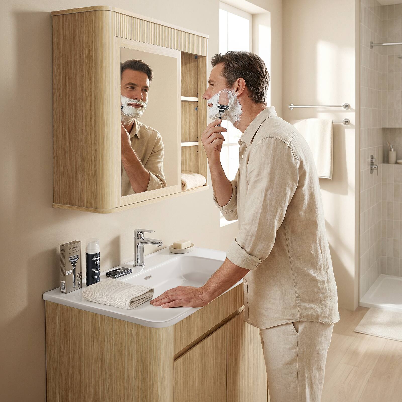 Alt View 4. ModernMate - 30" Single Bathroom Vanity Set with Mirror Cabinet, Soft Close Drawers - Natural Oak.