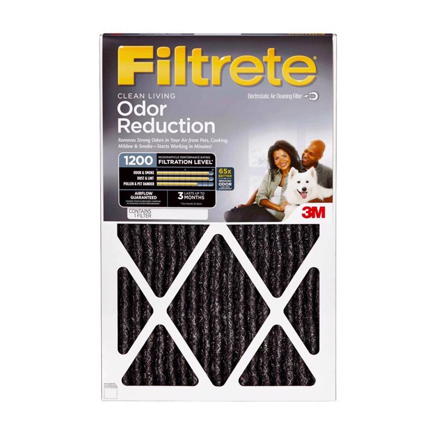 Filtrete  
CLEAN LIVING  
Odor Reduction  
Electrostatic Air Cleaning Filter  

Removes Strong Odors in Your Air from Pets, Cooking, Mildew & Smoke - Starts Working in Minutes!  

1200 FILTRATION LEVEL  
- DUST & SHORT  
- DUSTS LINT  
- POLLEN  
- PET DANDER  
- ODOR  
- AIRFLOW  

65X BETTER ODOR  

CONTAINS FILTER  
LASTS UP TO 3 MONTHS  

3M FILTER