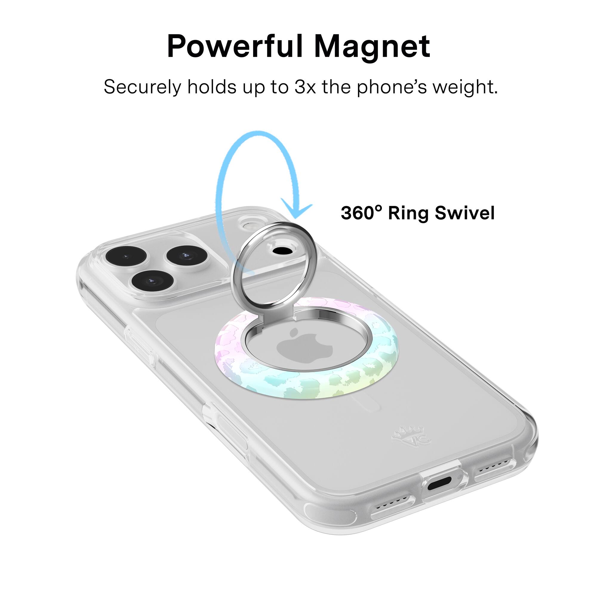 Powerful Magnet  
Securely holds up to 3x the phone's weight.  

360° Ring Swivel