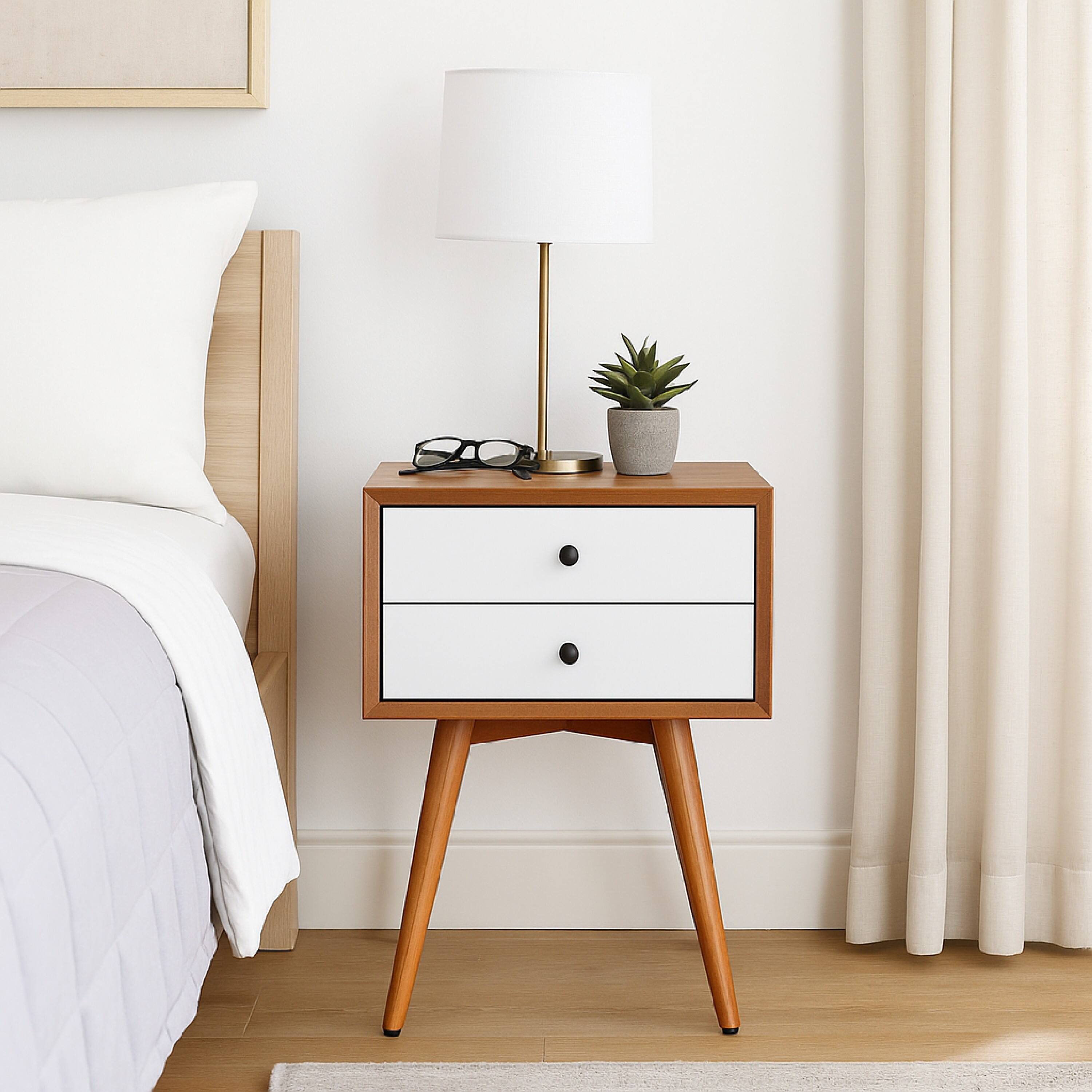 Alt View 2. Manhattan Lane - Ian Small Nightstand, 2 Drawers,  and  Solid Mahogany Wood - Chestnut Brown, White, Black.