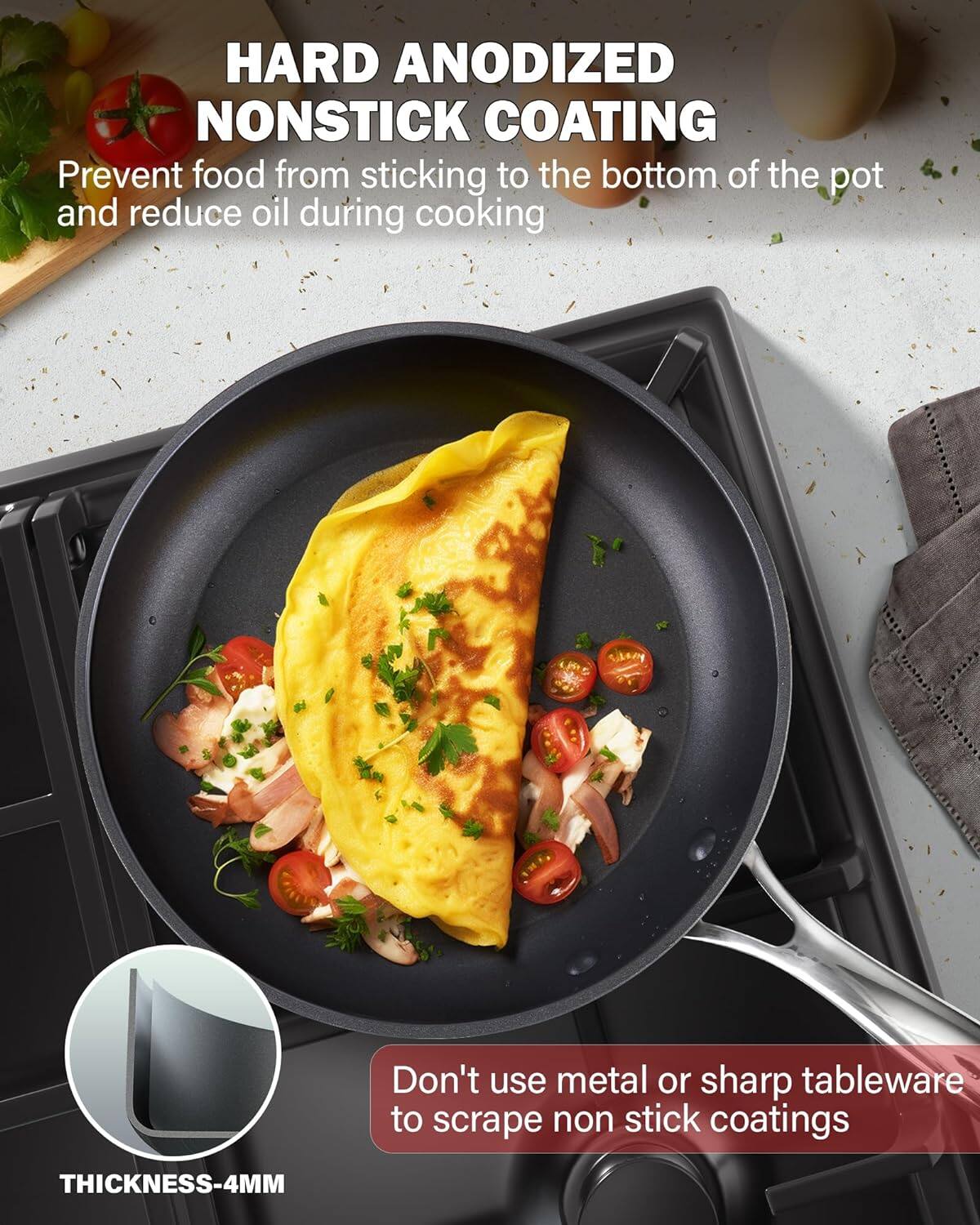 HARD ANODIZED NONSTICK COATING  
Prevent food from sticking to the bottom of the pot and reduce oil during cooking  

Don't use metal or sharp tableware to scrape non stick coatings  

THICKNESS-4MM