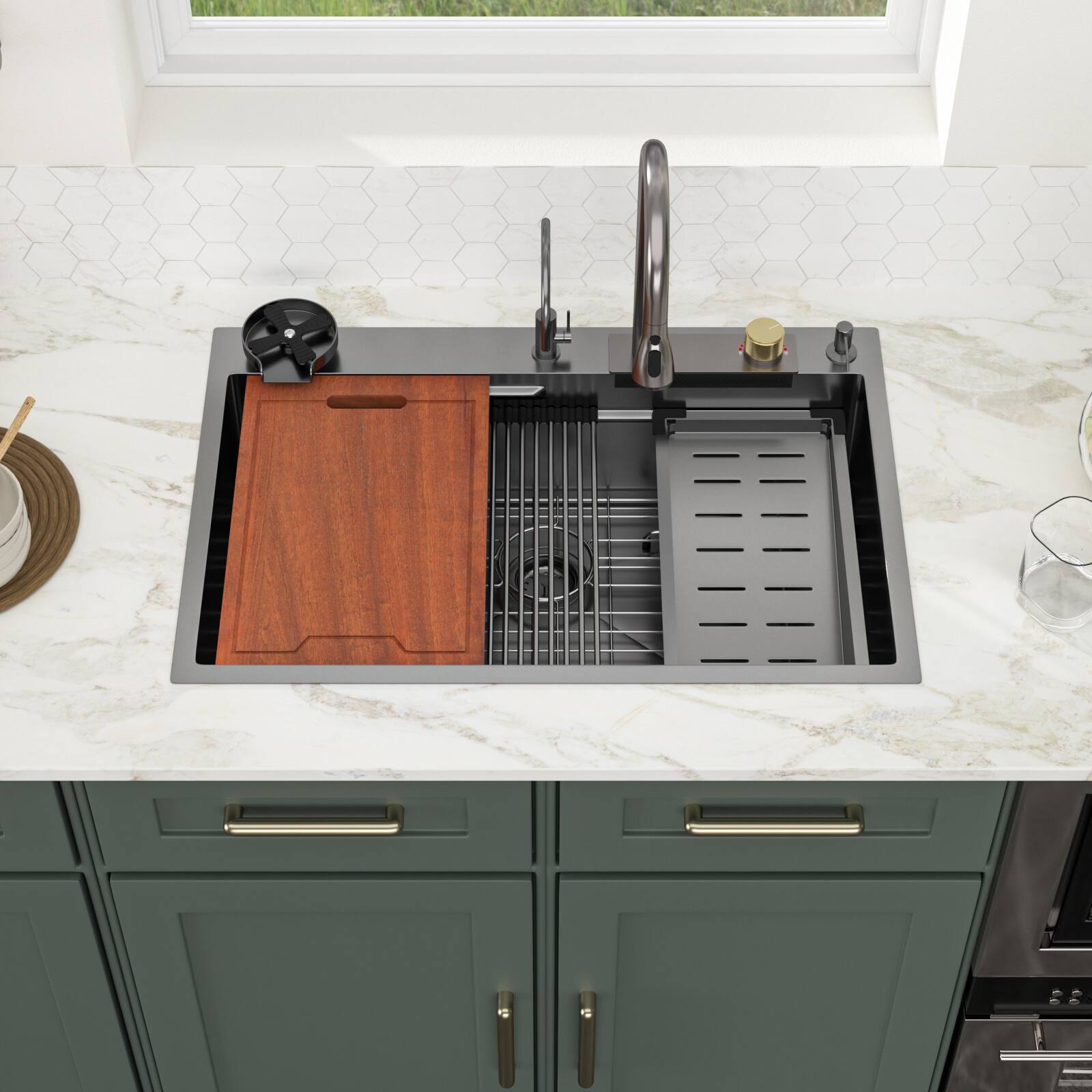 Left. Lordear - 33x22 in. Drop-In Single Bowl 16-Gauge Stainless Steel Gunmetal Black Workstation Waterfall Kitchen Sink with Faucet - Gunmetal Black.