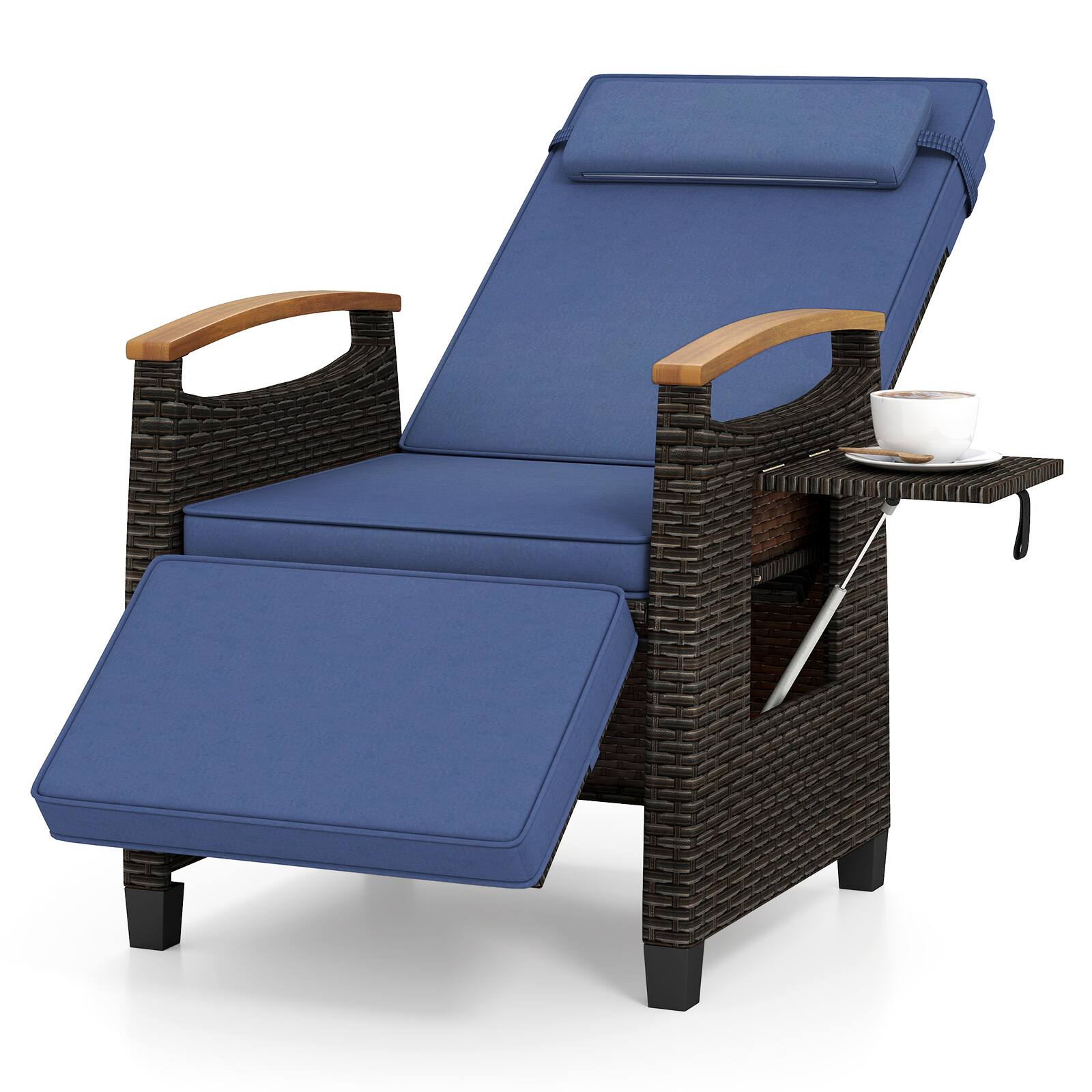 Gymax - Patio Rattan Lounge Chair PE Wicker Recliner Chair w/ Adjustable Backrest & Footrest Navy - Mix Brown, Navy
