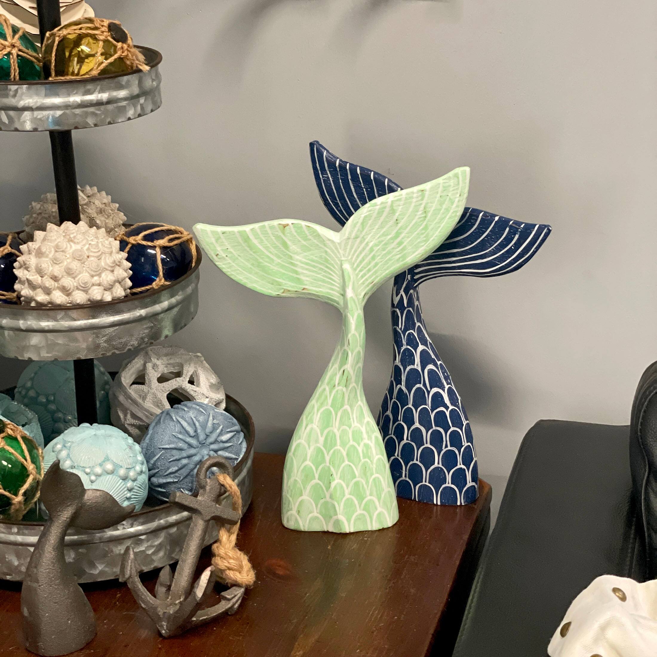 Alt View 5. Things2Die4 - Set of 2 Wood Mermaid Tail Sculptures 13.75" Turquoise & Navy Blue Decor - Green/Blue.